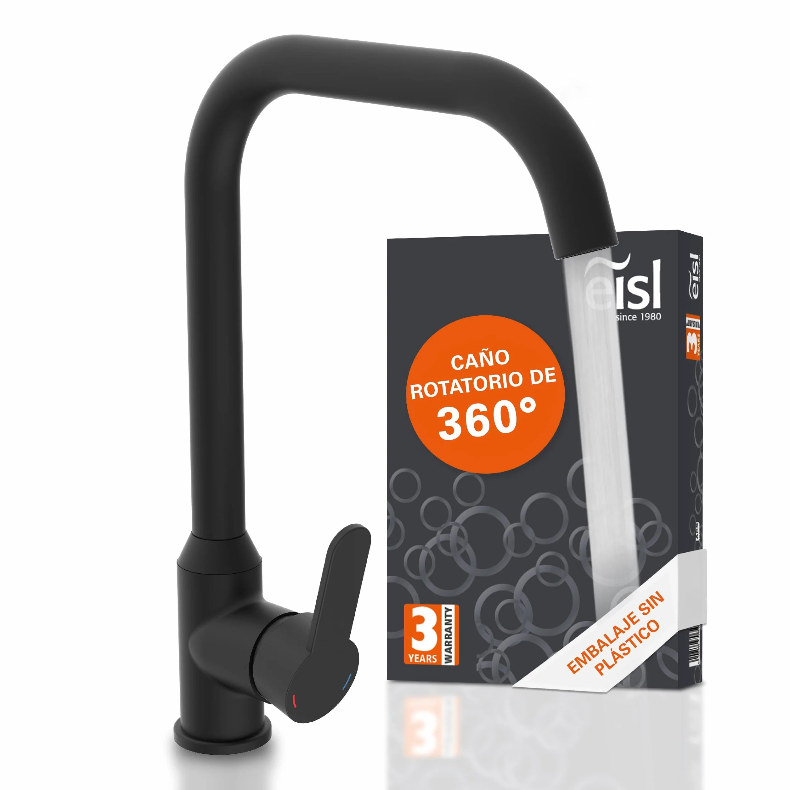 EISL Monza grifo de cocina negro, mezclador de fregadero negro giratorio 360°, mezclador de cocina negro con caño alto, grifo de cocina en negro, NI182MONB