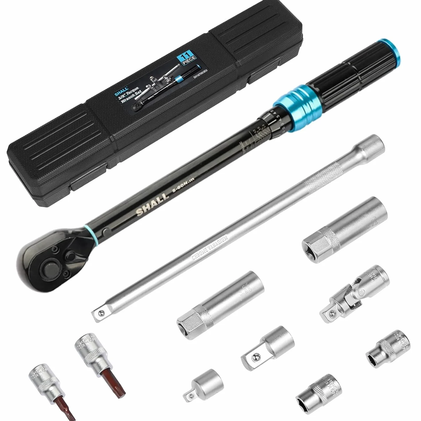 SHALL Juego de llaves dinamométricas de 3/8" de 11 piezas (5-60 Nm), adecuadas para el mantenimiento de automóviles y motocicletas, con poste de extensión y caja de almacenamiento