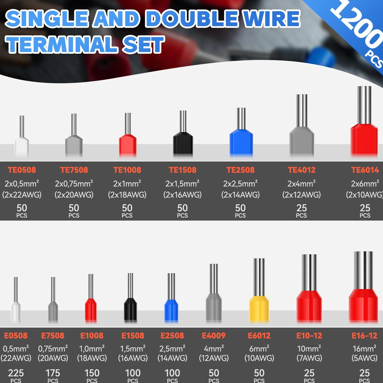 Terminales eléctricos, 1200 terminales eléctricos Preciva, 300 terminales de dos hilos más 900 terminales de hilo individual, adecuados para engarzado DIY e industrial