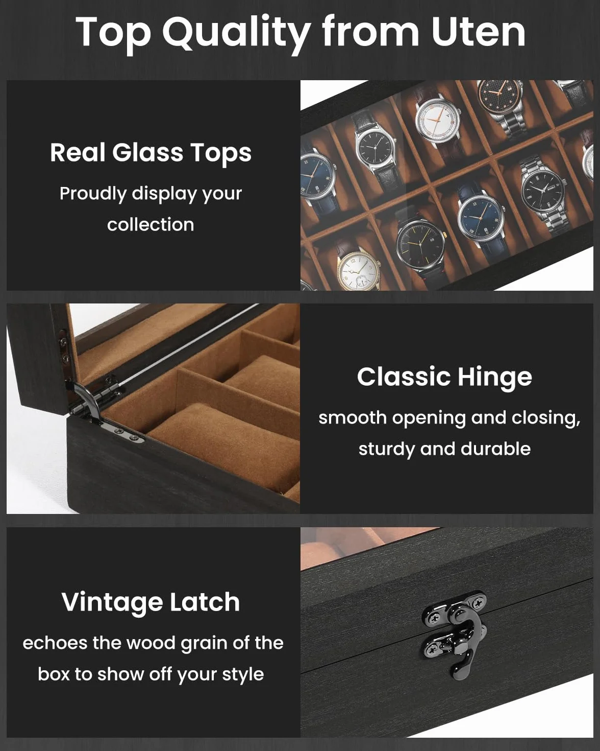Uten Caja de Relojes con 12 Compartimentos, Caja para Reloje Madera, Tapa de Vidrio y Almohada Algodón Seda, Forro Marrón, para Exhibición y Almacenamiento de Relojes Joyería, Regalo Ideal