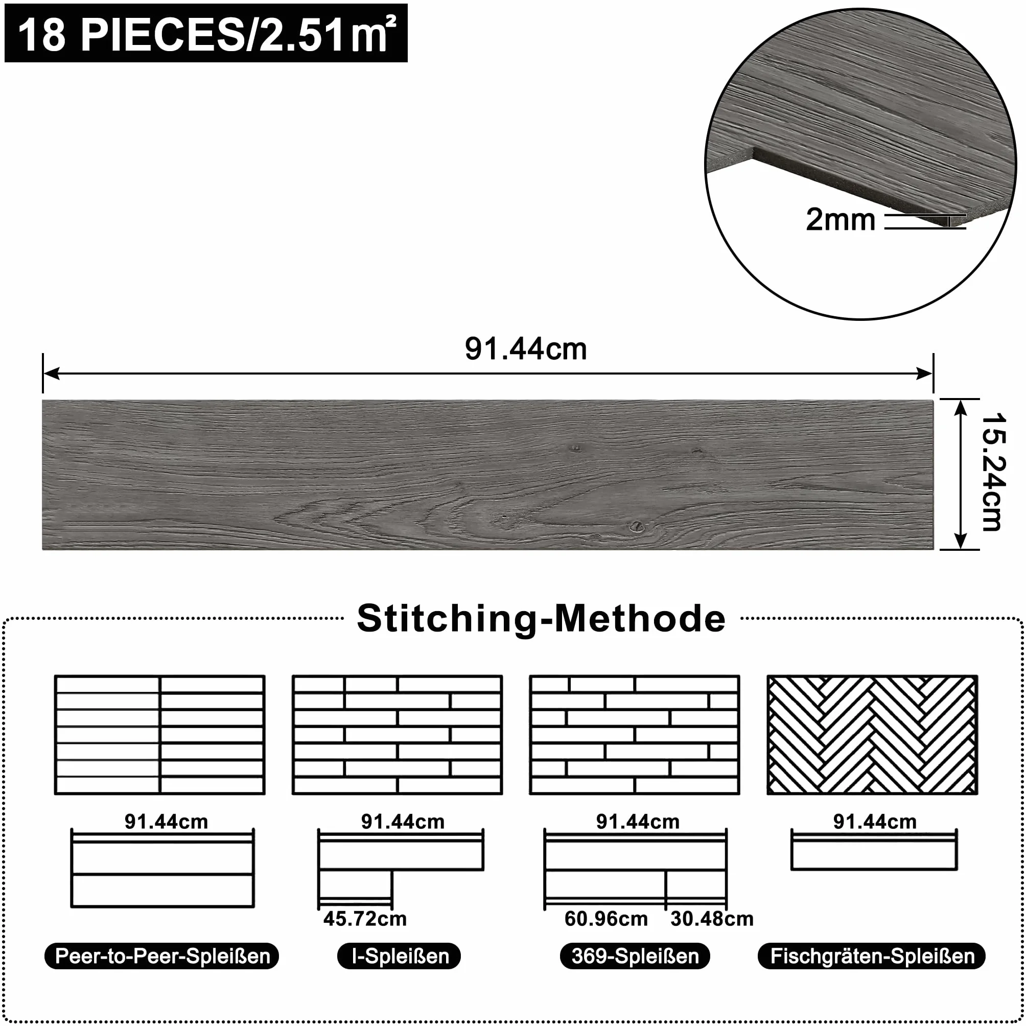 PVC Revestimiento de suelo de vinilo, laminado, antideslizante, resistente al agua, autoadhesivo, 2,51 m², 91,44 x 15,24 cm, espesor 2 mm (18 piezas, tipo B)