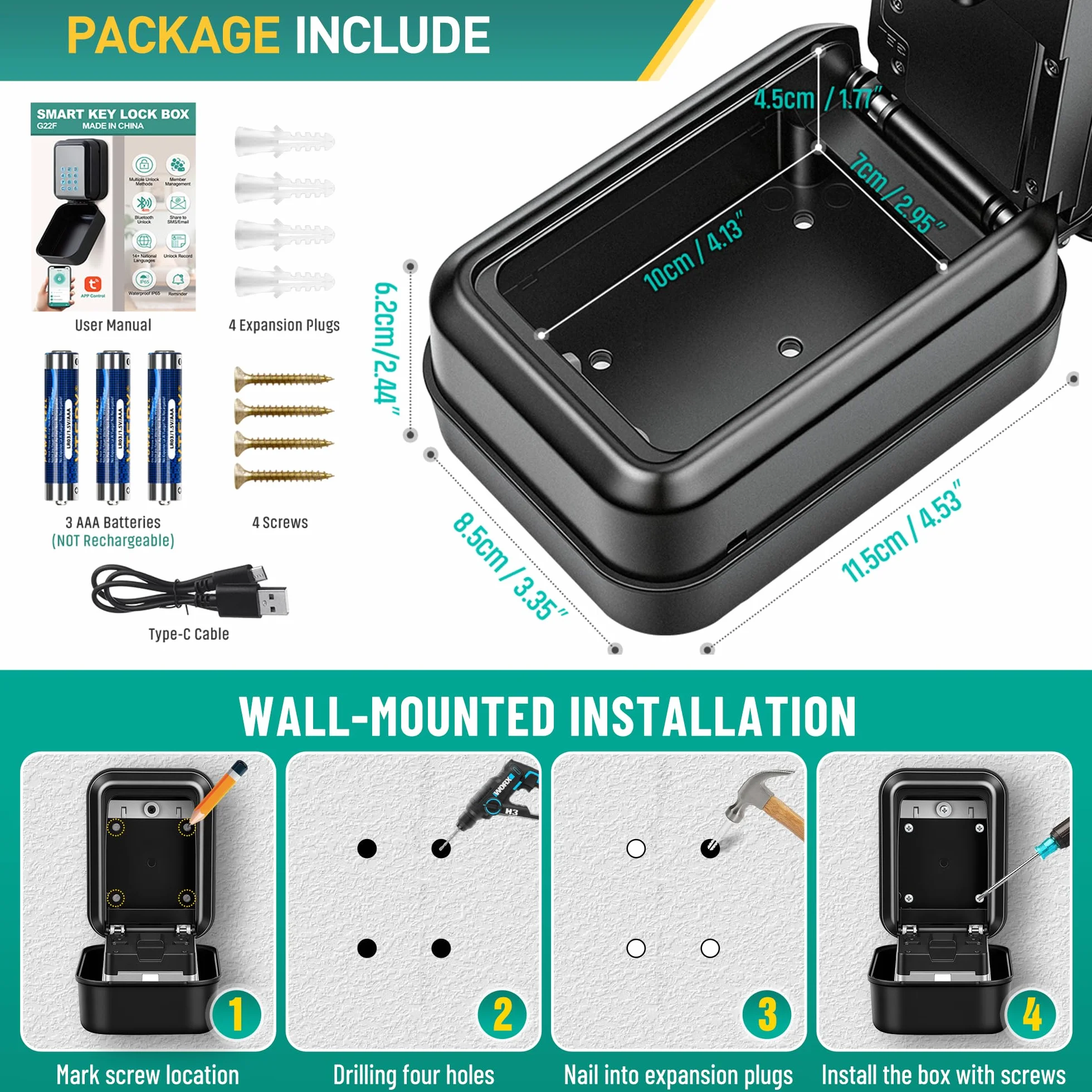 Smart Caja de Seguridad para Llaves Grande con Código Retroiluminada Bluetooth y Pin, Compatible con Tuya, Gris
