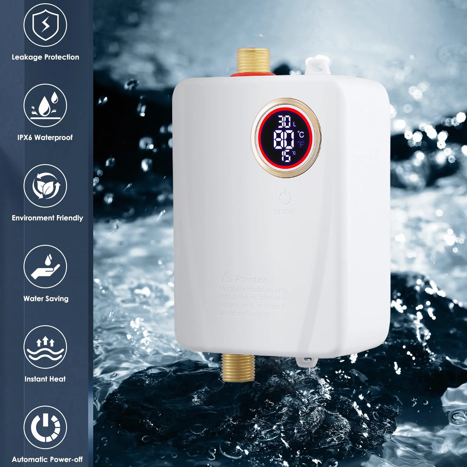 Mini calentador de agua instantáneo de 3500 W, calentador electrónico bajo fregadero con pantalla LED de temperatura. Calentador de agua instantáneo con control electrónico. compacta bajo fregadero