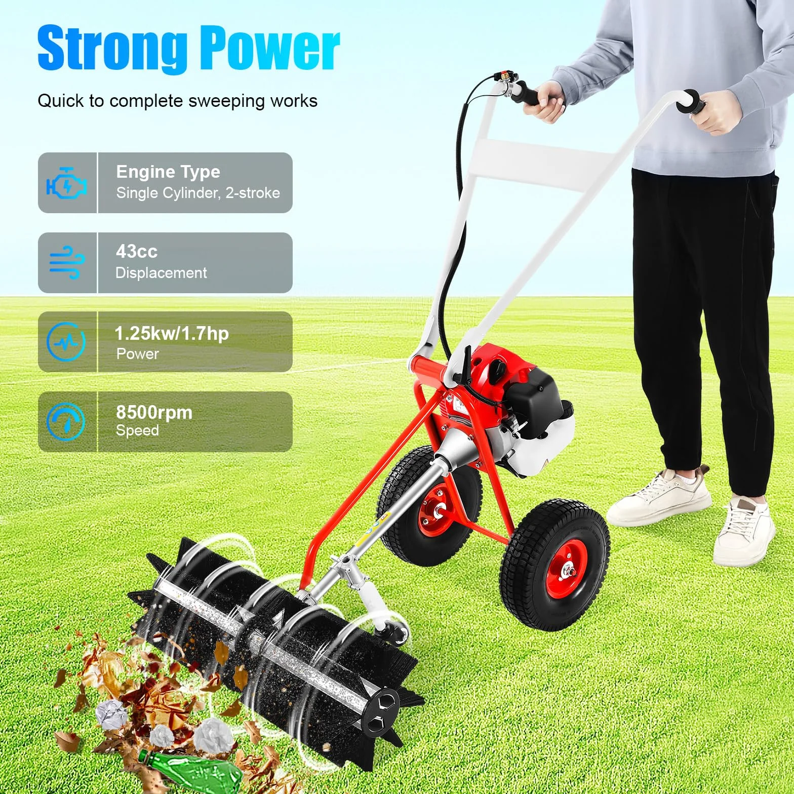 43CC Gasoline Lawn Sweeper, cepillo para césped artificial, barredora manual, escoba motor de gasolina, escoba de motor, barredora, removedor de nieve, recogedor de nieve