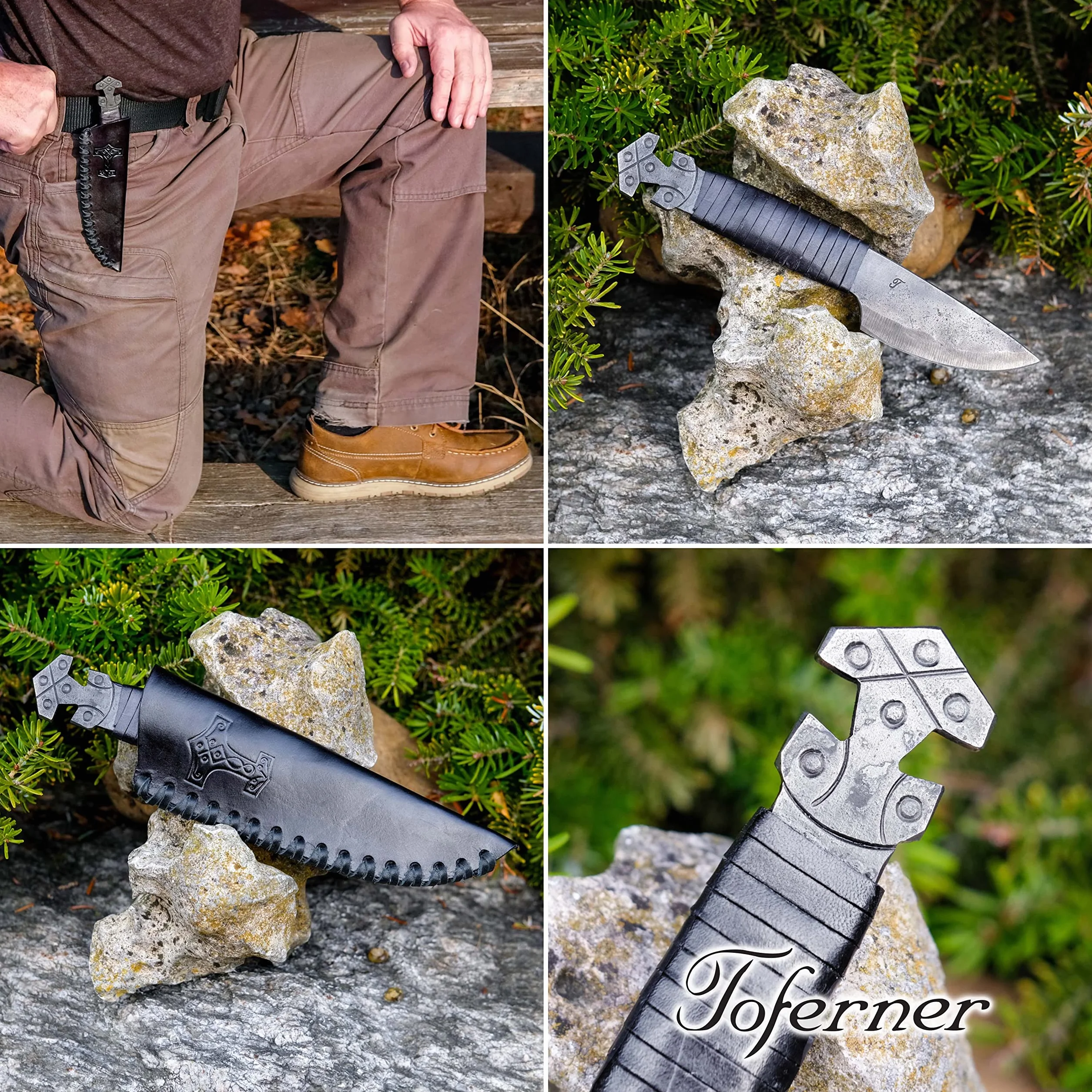 Toferner - Cuchillo de acero Thor - Forjado a mano y aspecto vintage - Elegante diseño antiguo - Incluye estuche de cuero auténtico