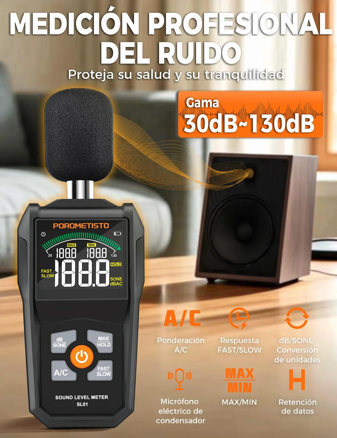 Sonómetro SL01 Medidor de Decibelios Profesional 30-130dB ±1.5dB Pantalla LCD Retroiluminación Ponderación A/C
