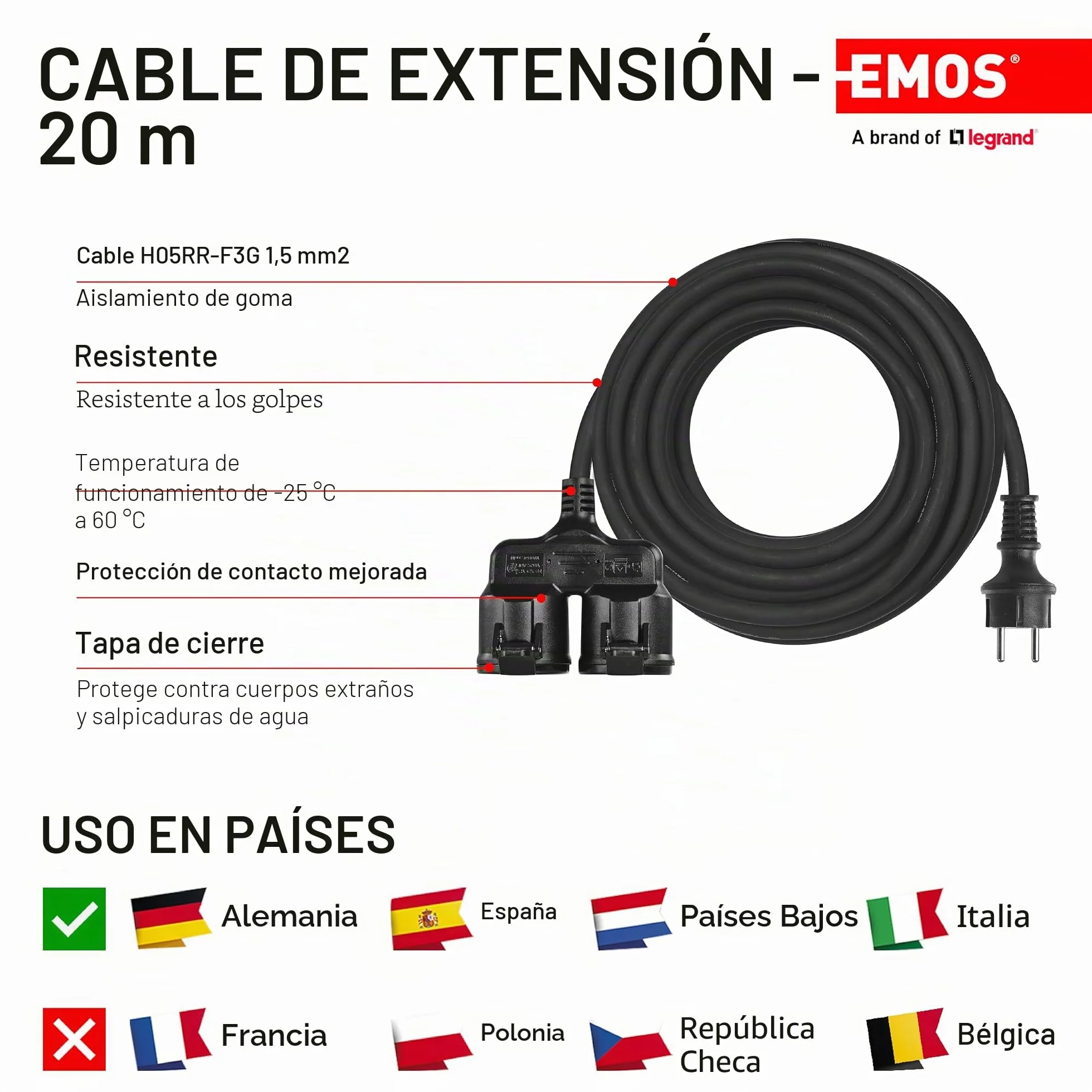 EMOS Przedłużacz IP44 20m 2xSchuko 230V 16A 3680W H05RR-F 3G 1.5mm² Czarny