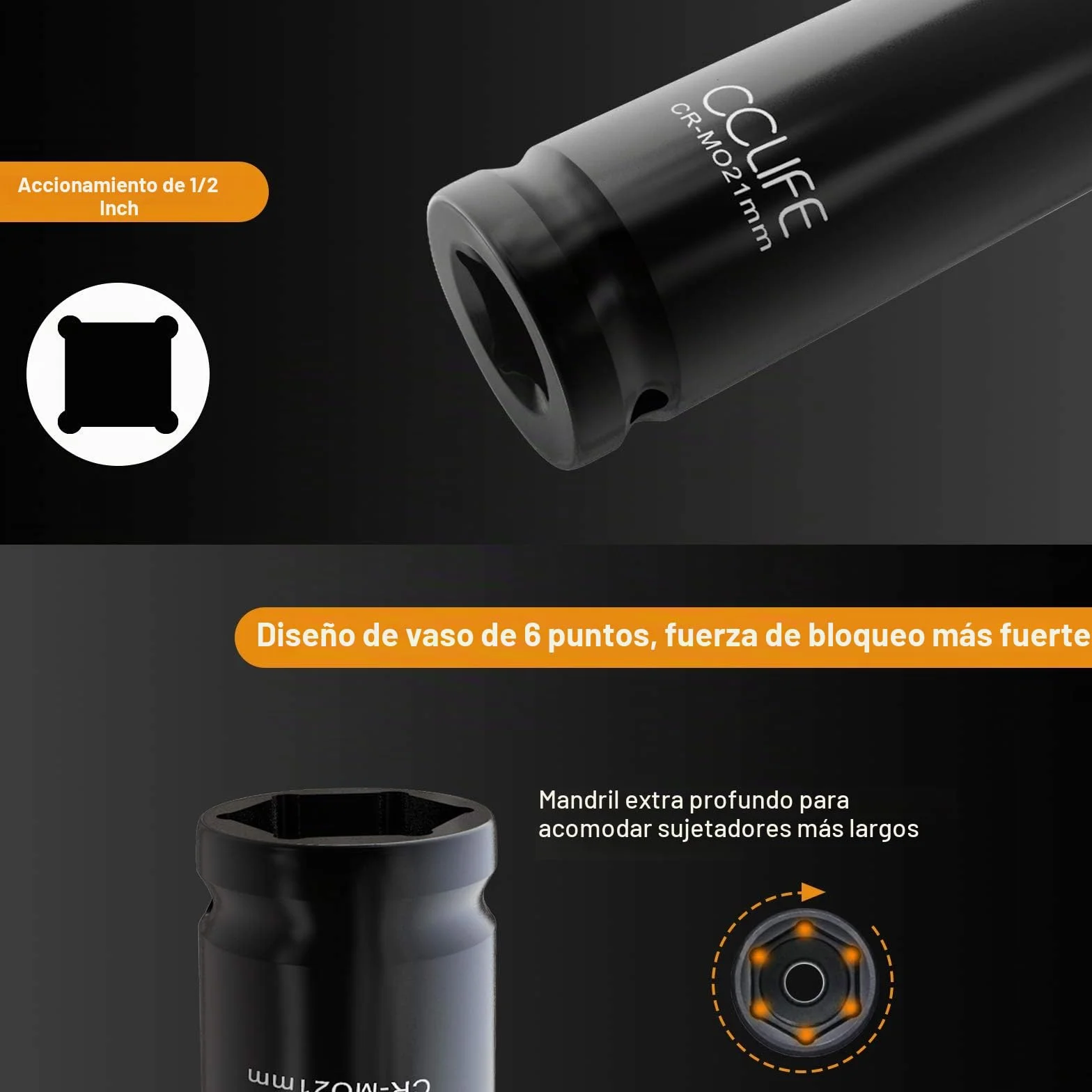 CCLIFE Juego de 16 piezas Llaves de Vaso Impacto 1/2" Vasos de Impacto Largos Cr-Mo 10-32mm