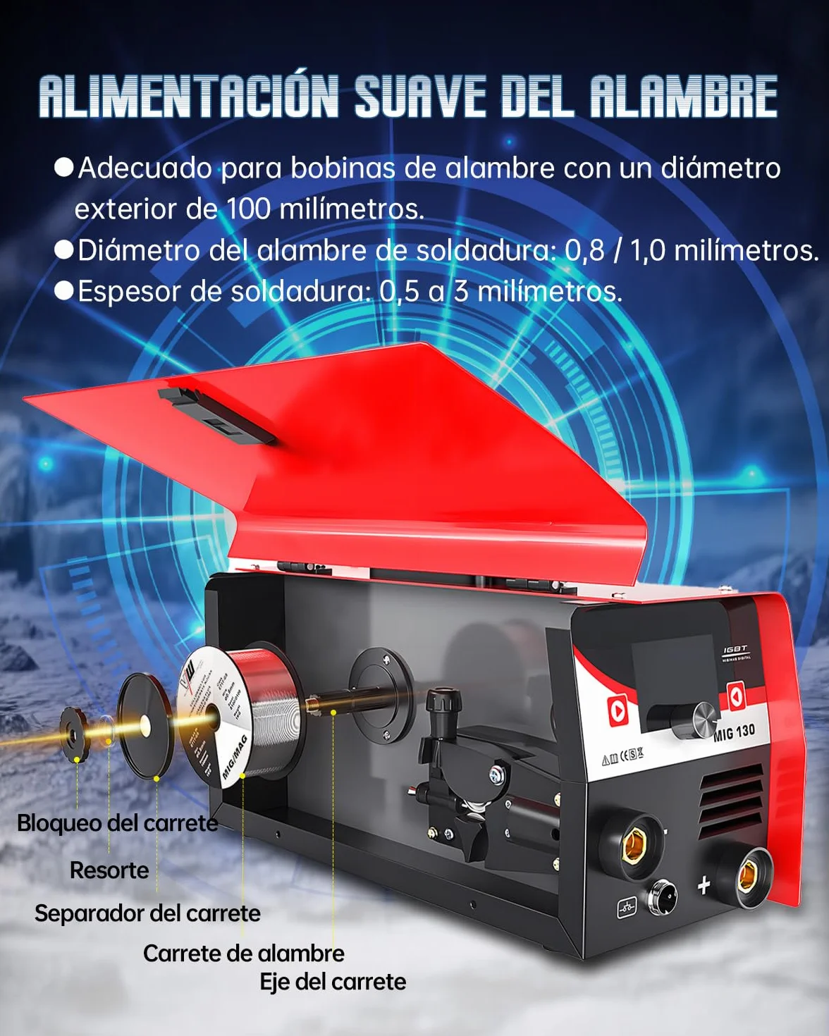 VECTOR WELDING Soldador de Hilo sin Gas 130A, Máquina de Soldar Mig sin Gas con Función de Soldadura por Electrodo, Grupo de soldar Mig Mag Portátil con Alambre, IGBT