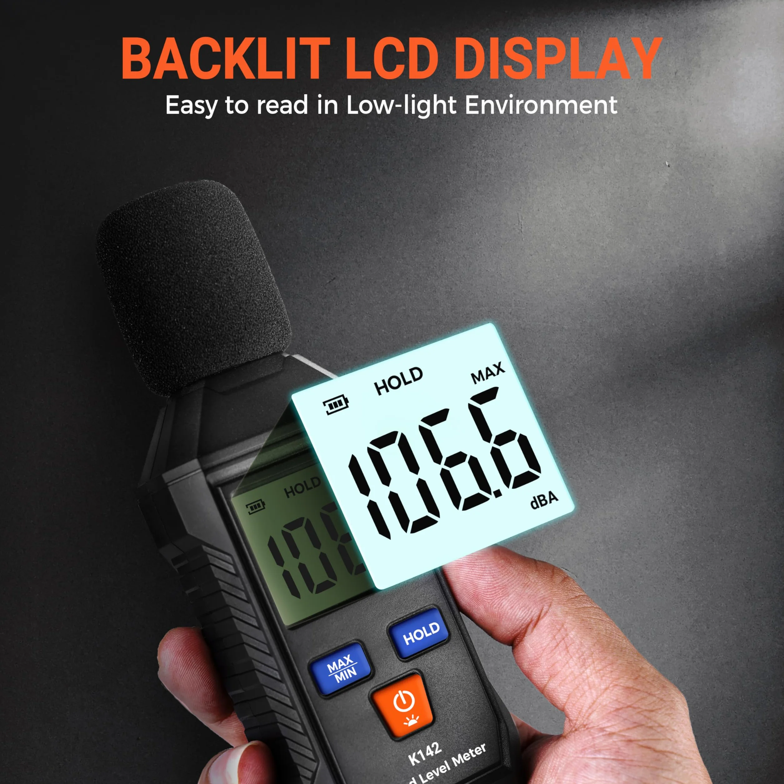 Medidor de decibelios portátil con pantalla LCD retroiluminada 35-130 dB(A), lectura dB digital