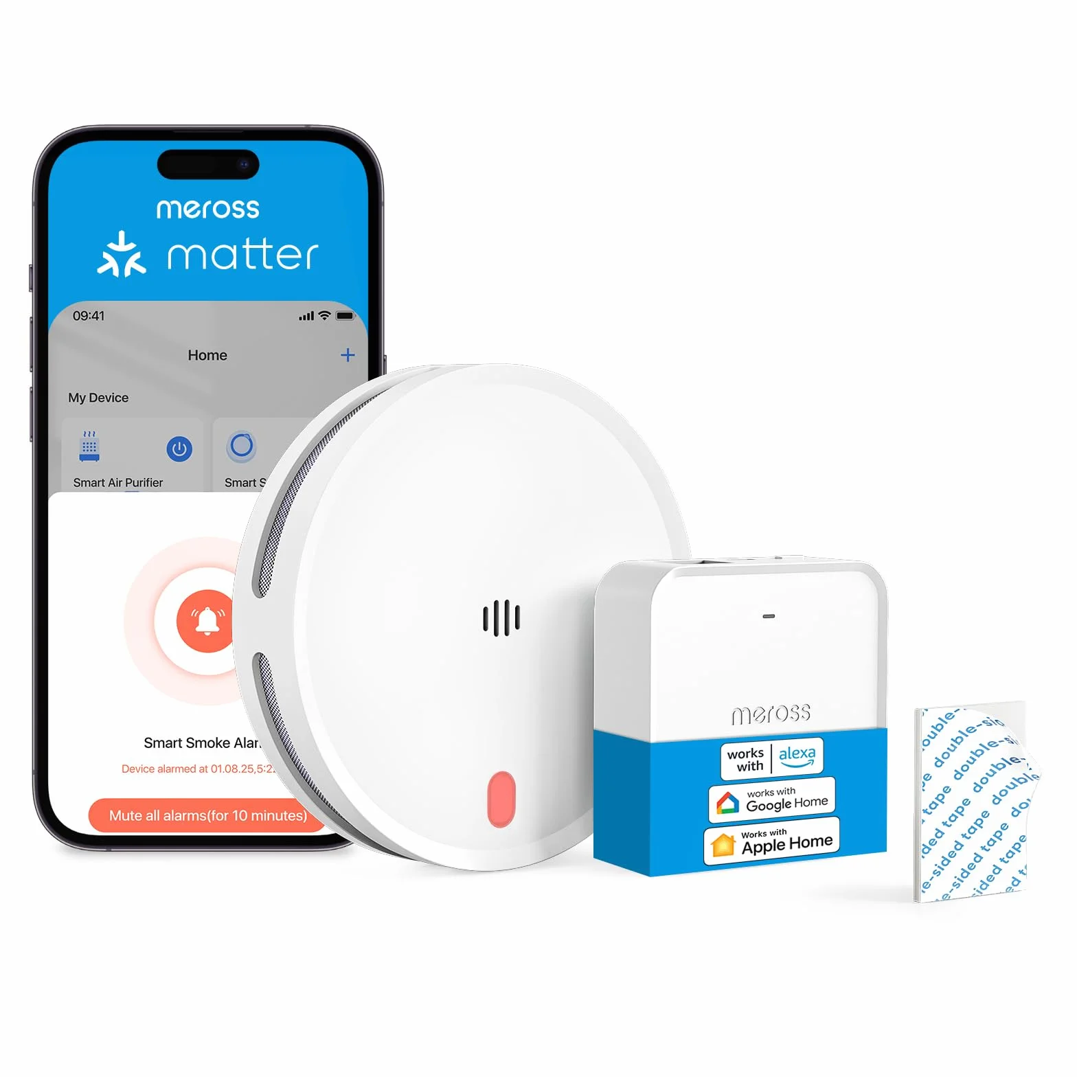 Meross Matter Detector De Humo Conectado, Alarma De Incendios WiFi Inteligente con Doble Sensor Óptico, Alarma De Fuego con Notificación App, Detector De Humos, 33 mm, con Hub MSH450, 1 Unidad