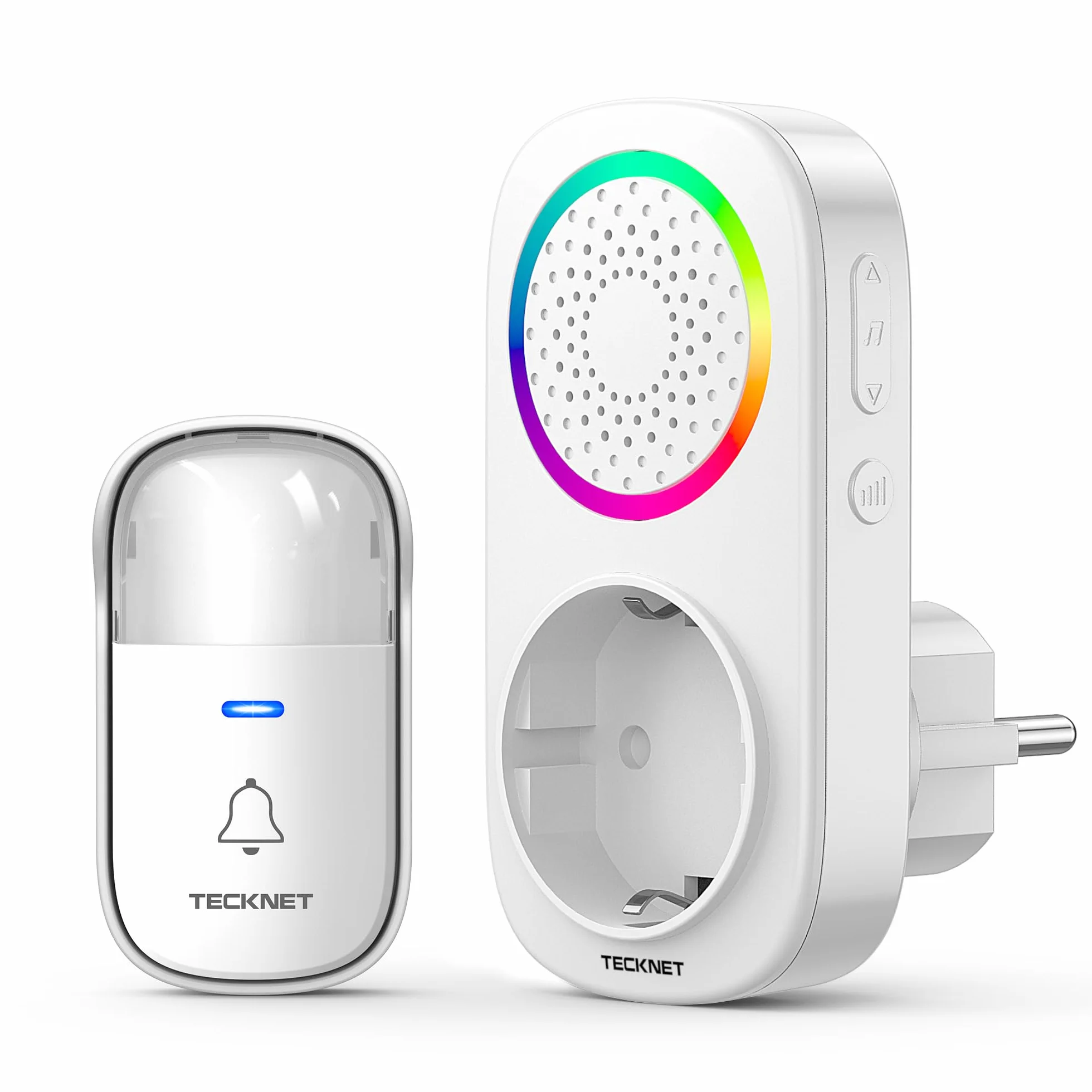 TECKNET Timbre Inalámbrico, 300M RGB Timbre Inalámbrico Autoalimentado, IP65 Timbre Electrónico Impermeable con 60 Melodías, 5 Niveles de Volumen y Flash LED para Hogar Oficina Hotel
