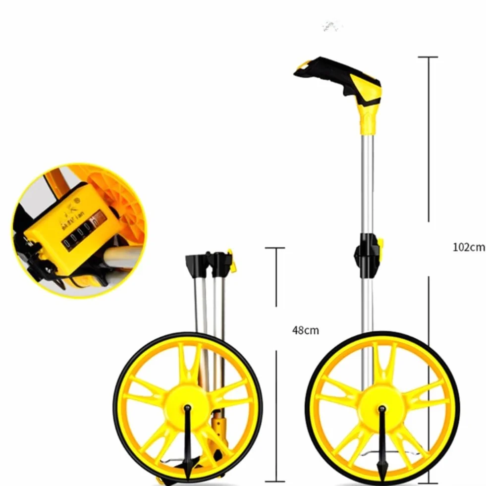Rueda de medición digital profesional con pantalla grande Medidor de distancia precisa de hasta 9999.99 m Odómetro mecánico plegable para construcción, topografía, agricultura, amarillo