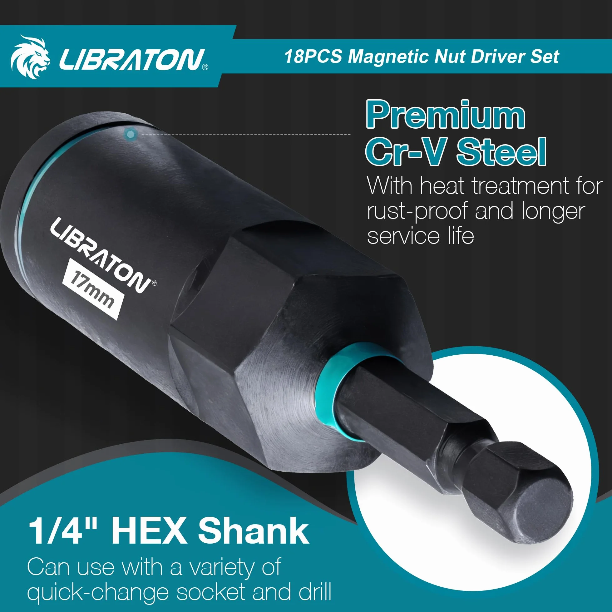LIBRATON 18 Piezas Juego de Destornilladores Magnéticos para Tuercas para Taladro de Impacto, Métrico, Destornilladores para Tuercas de 5-14MM, Profundas de 6-17MM, Portapuntas, para Reparación