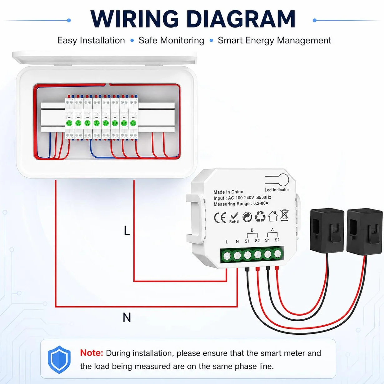 eMylo - Medidor de potencia WiFi de 2 canales 80 A + 80 A, monitor de potencia inteligente con amperímetro de abrazadera, WiFi de 2.4 GHz, monitoreo en tiempo real, aplicación Smart Life/TUYA,