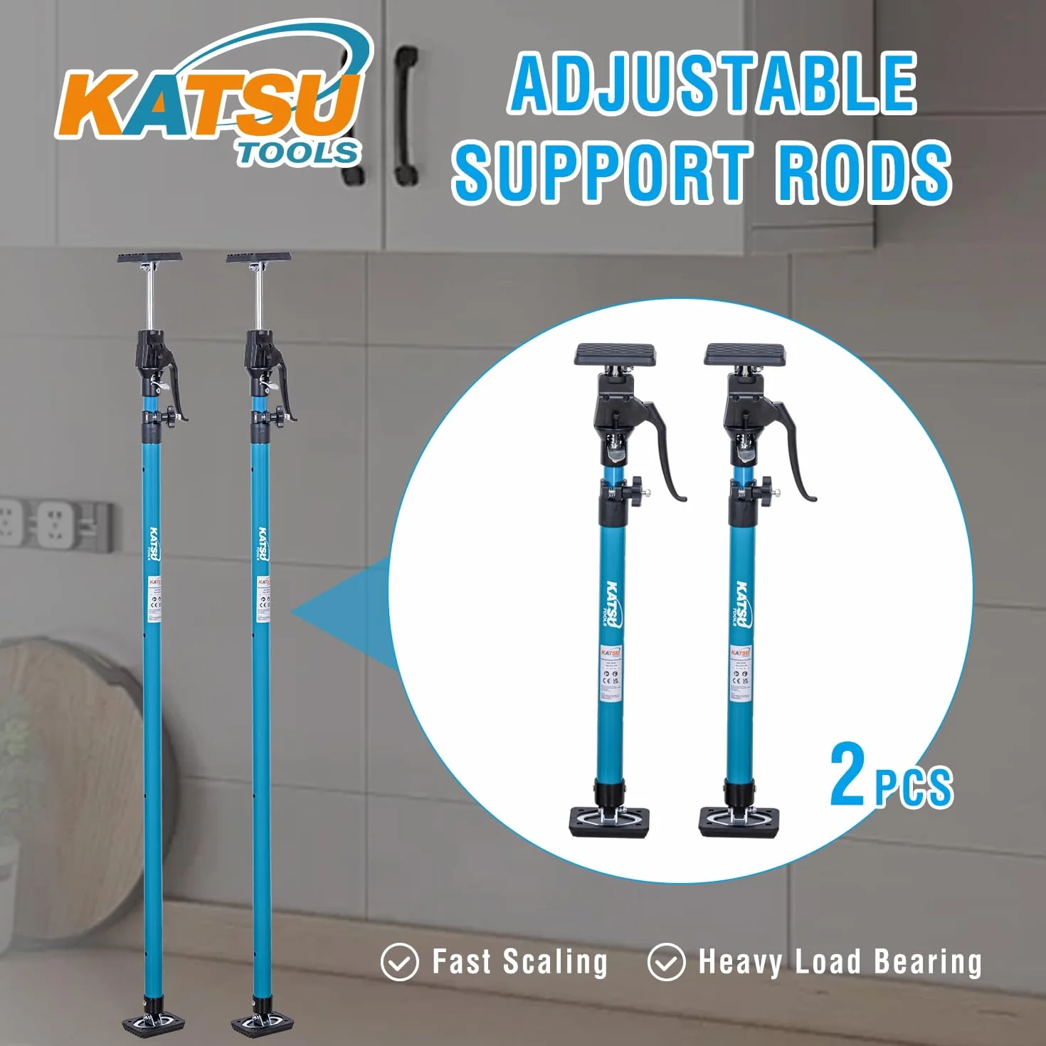 KATSU Tools - Juego de 2 barras telescópicas de soporte rápido de acero de 40-60 cm, capacidad de carga de 40 kg, para puntal de marco de puerta de gabinete de yeso