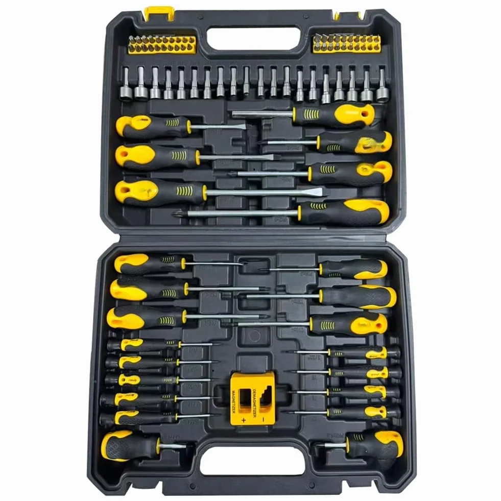 Juego de destornilladores magnéticos profesionales de 86 piezas con mango ergonómico antideslizante y puntas de aleación almacenadas en estuche amarillo portátil