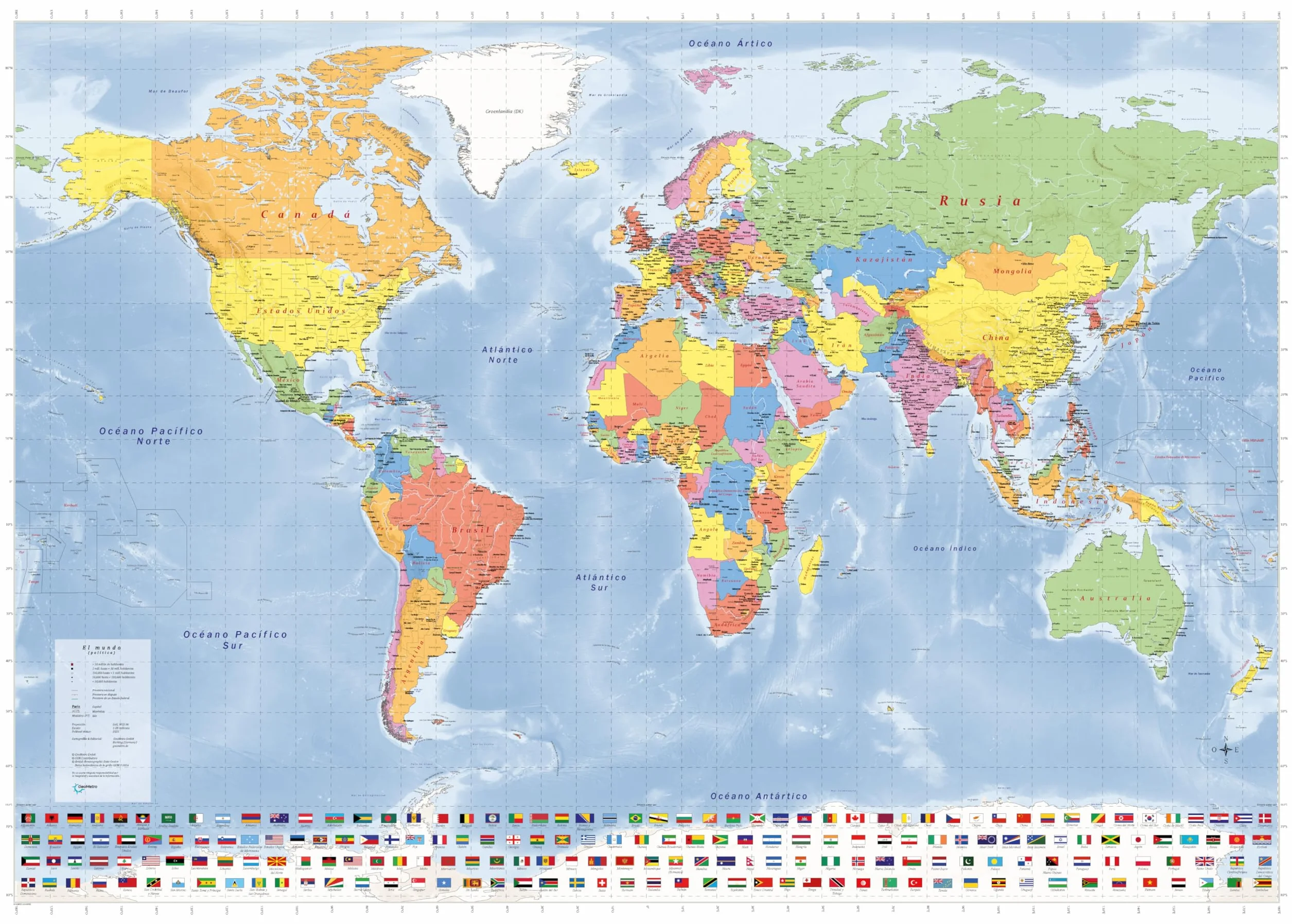 GeoMetro Mapa del mundo grande EN ESPAÑOL póster político laminado banderas 140 x 100 cm