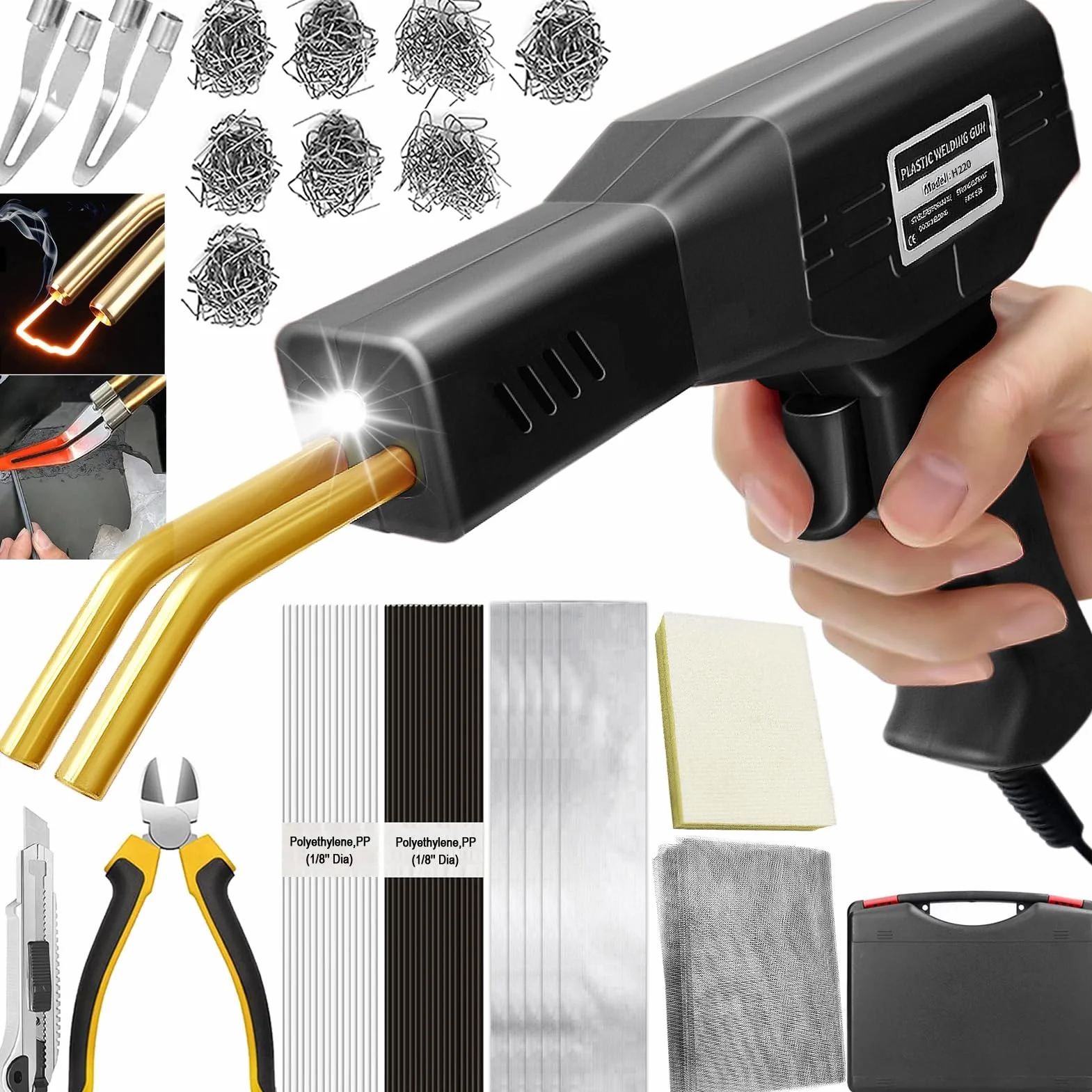 220W 2 en 1 Soldador de Plástico con 800pcs Grapas,20pcs Varillas & 2pcs Herramientas de Suavización,Pistola Grapas para Plastico, Plástico Soldadura Reparando Kit para Reparación Parachoques (negro)