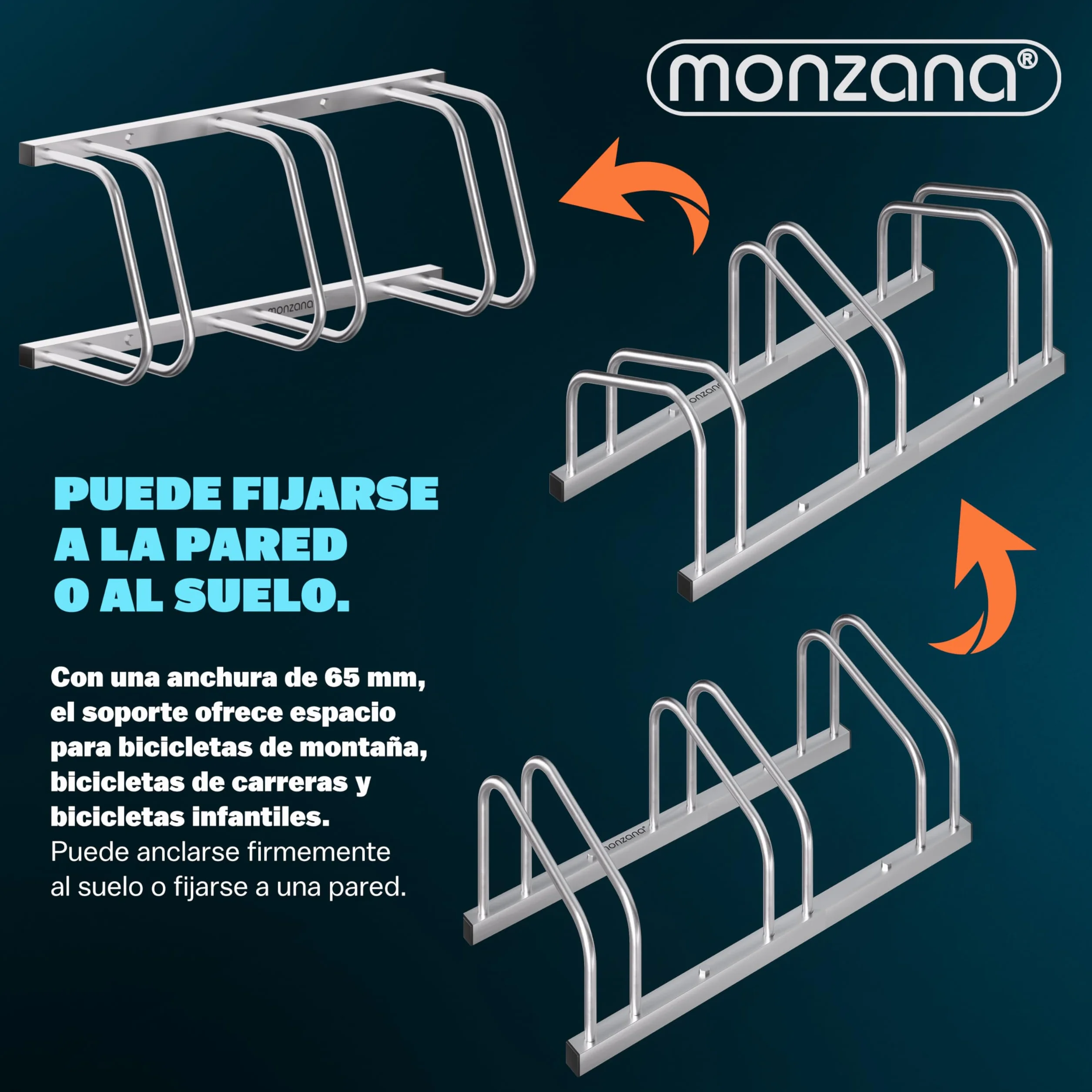 Monzana® Soporte para Aparcar Bicicletas, Aparcamiento Estacionamiento 3 Bicis, Parking Bicicleta 30-65mm, Guarda Bici Interior Exterior, Montaje Pared Suelo, Aparcabicicletas, Portabicicletas