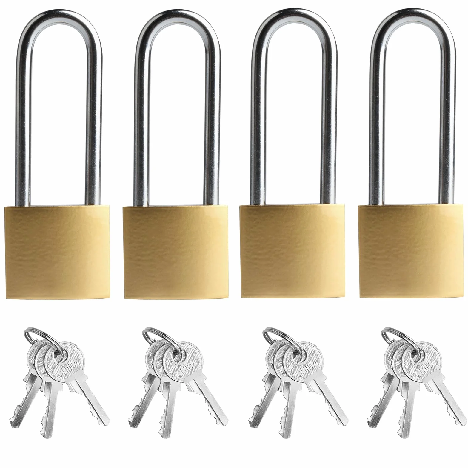 Pack de 4 candados con grillete largo, candado de 32 mm, con llaves iguales, candados con llave, cerradura de seguridad para equipaje, armarios, taquillas, cerradura para maletas