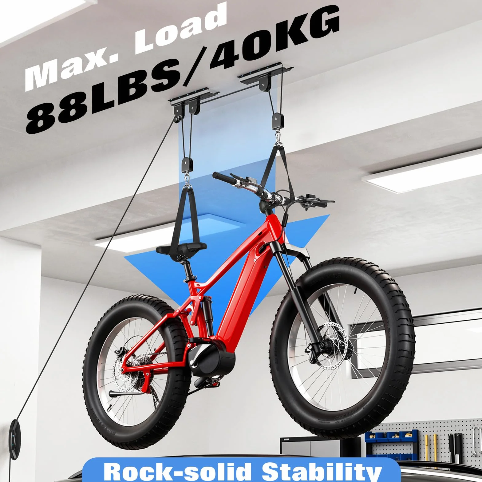 Housolution Elevador Bicicletas, [2 Unidad] Sistema Polea 88Lbs, Apto Techos 10-16 Pies, Sistema Almacenaje Techo Resistente para Bici Carretera, MTB, Fatbike, Ebike, Escaleras, Snowboard