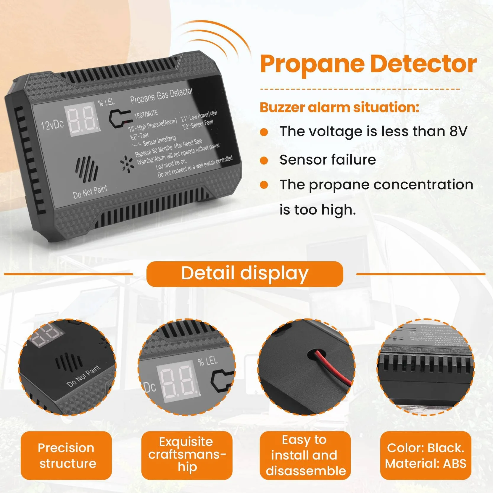 wudoo Detector de Propano 12V LPG Sensor de Gas Natural Alarma de Fuga 85DB Sirena para AutomóVil RV Hogar Medidor de Prueba de Propano Digital (Negro)