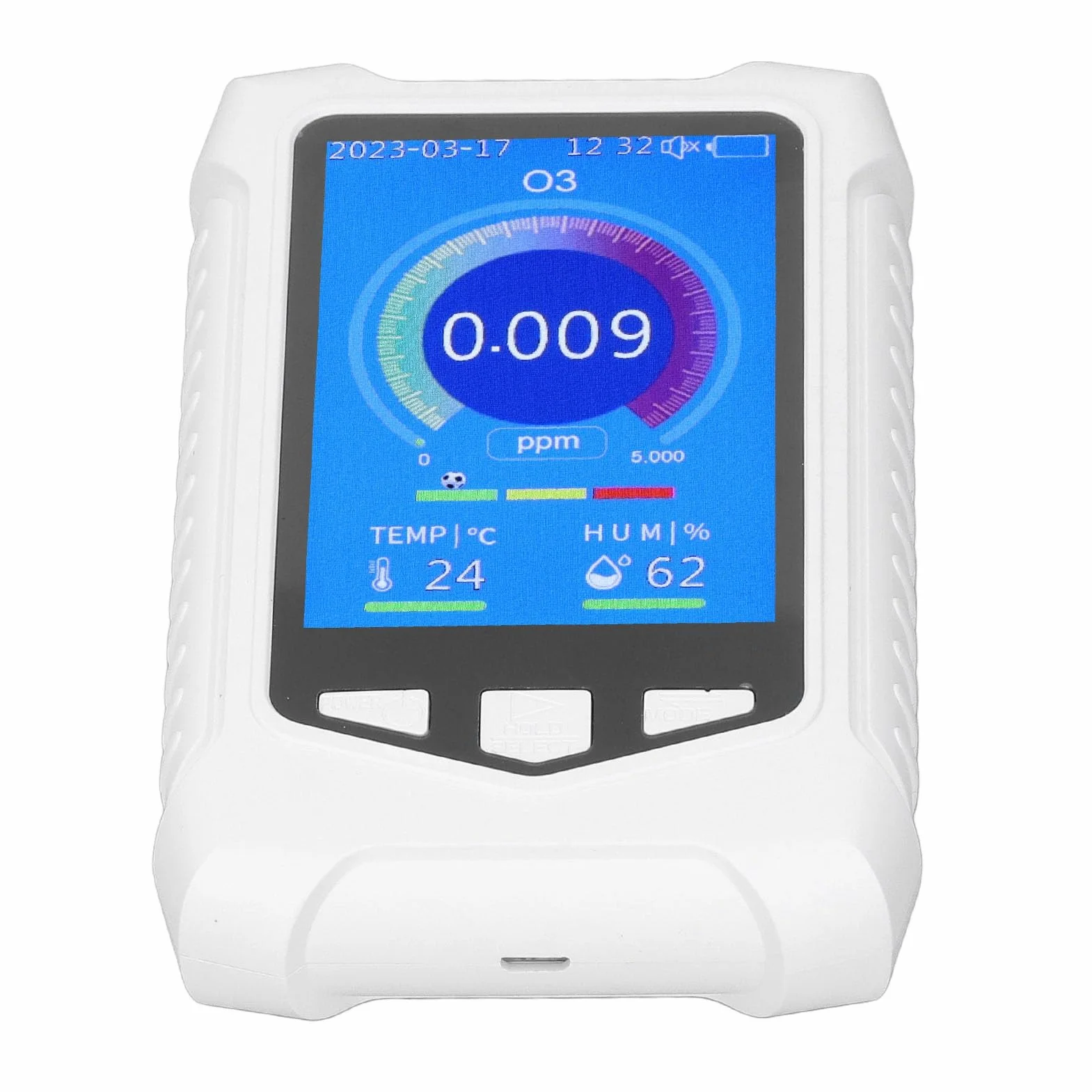 Detector de Ozono Portátil con Pantalla LCD, Medidor O3 en Tiempo Real, Autocalibración, Carga USB