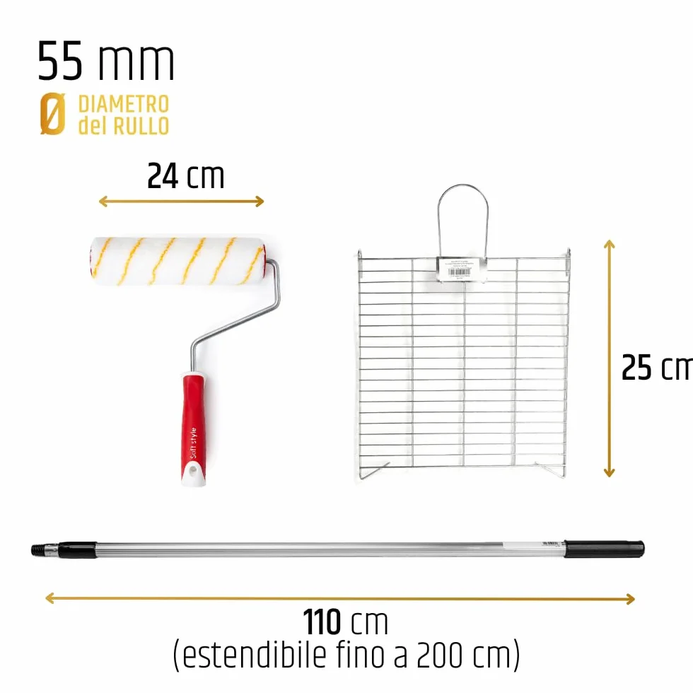 pennellificio 2000 | Juego de pintura profesional compuesto por rodillo, barra de aluminio y red de metal escurridor-rodillo, para pinturas interiores e hidropinturas, barra de 110 cm a 200 cm