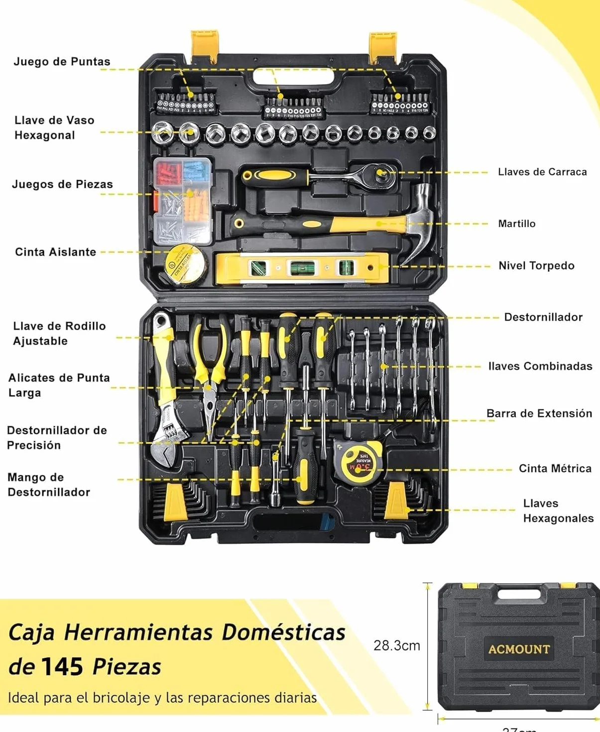 ACMOUNT Caja Herramientas Completa 145 Piezas, Maletin Caja de Herramientas, Kit Herramientas Domésticas de Bricolaje con Destornilladores, llave de Carraca, Herramientas para Hogar (Amarillo)