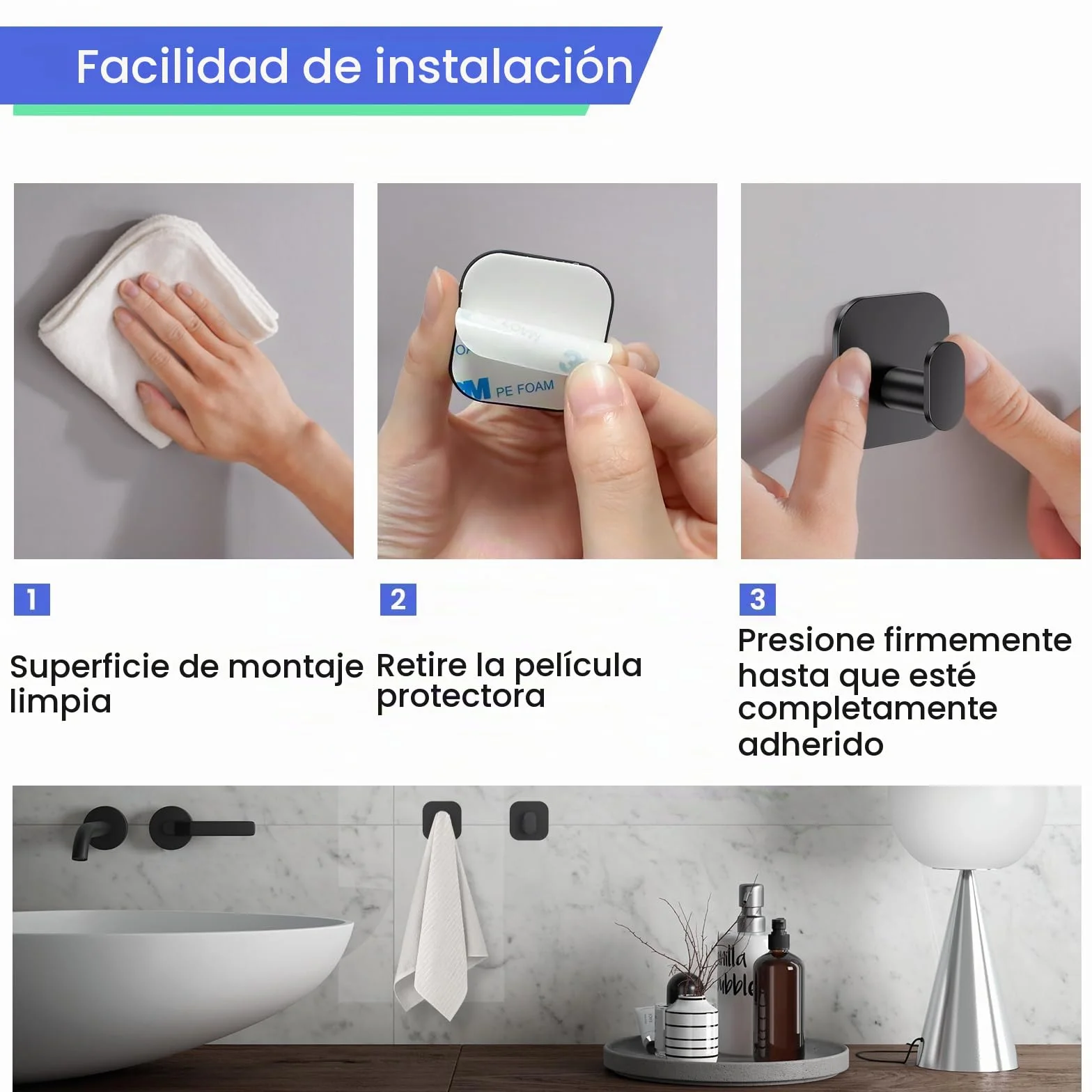 Aikzik Ganchos Adhesivos para Pared, Acero Inoxidable Toalleros sin Taladro, Colgadores Adhesivo Resistentespara Toallas Baño Cocina Albornoz, Negro