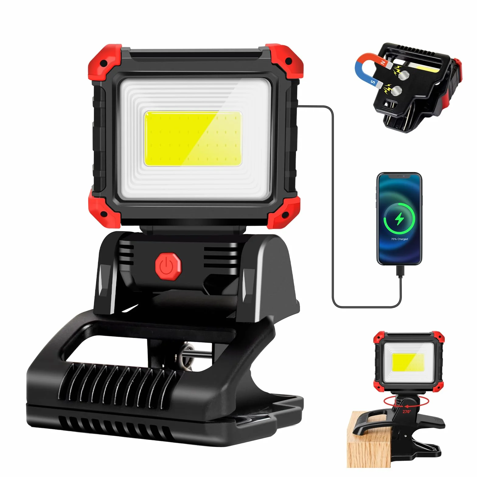 MASMEJOR Foco LED Recargable con Pinza, 2100LM Foco LED con Imanes & 3 Modos de Luz, Rotación de 270°, Luz de Trabajo Portátil Ideal para Camping, BBQ, Pesca, Taller, Emergencias