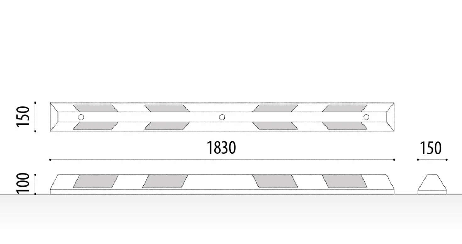 ADO - Tope de rueda para aparcamiento 1800x150x100mm goma pvc negro con bandas amarillas reflectoras, para mayor visibilidad. Topes para delimitar el espacio. Tornillería incluida (Tope + tornillería)