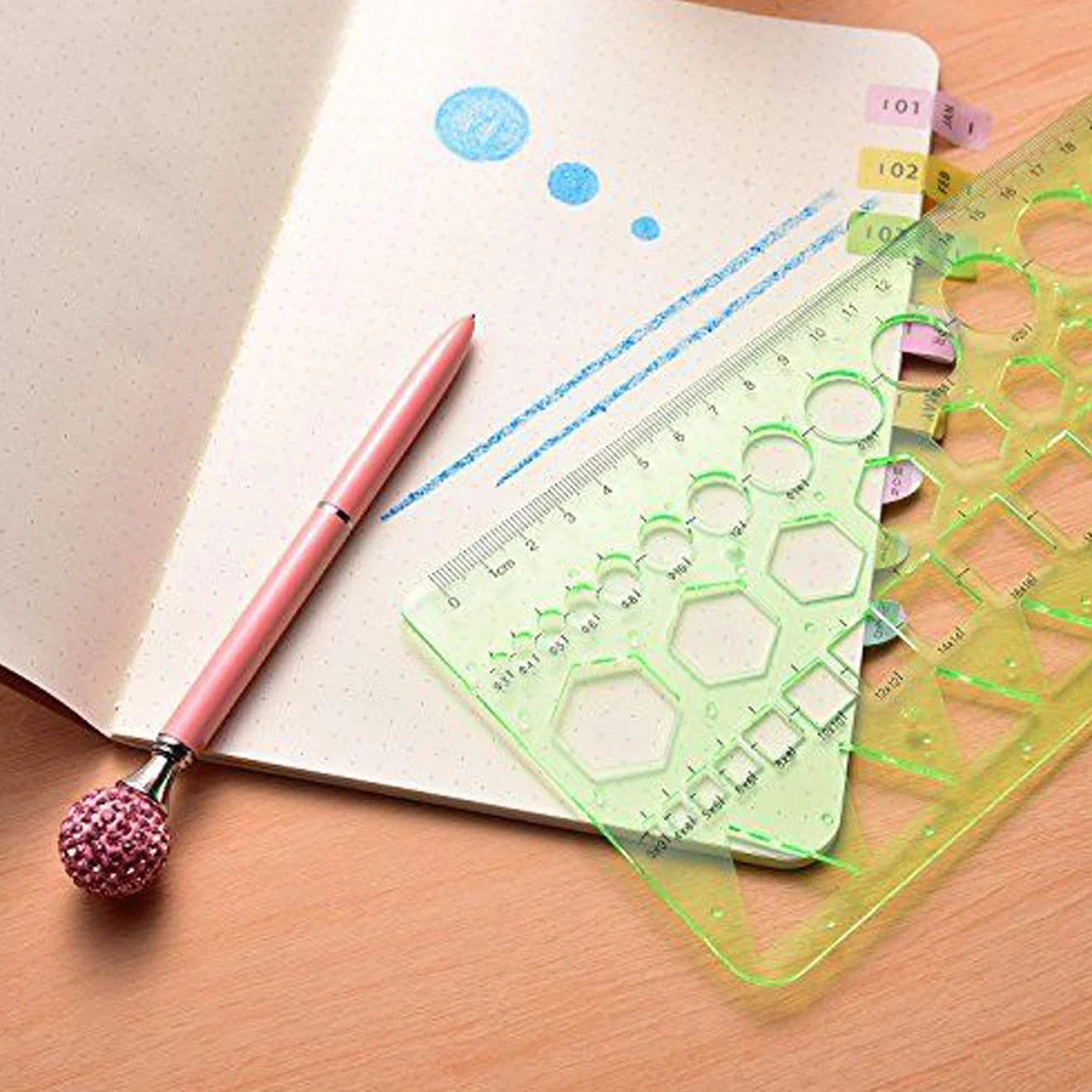 Juego de 9 plantillas de dibujo geométricas, elipses y círculos, reglas de medición verde claro para dibujo digital oficina escuela