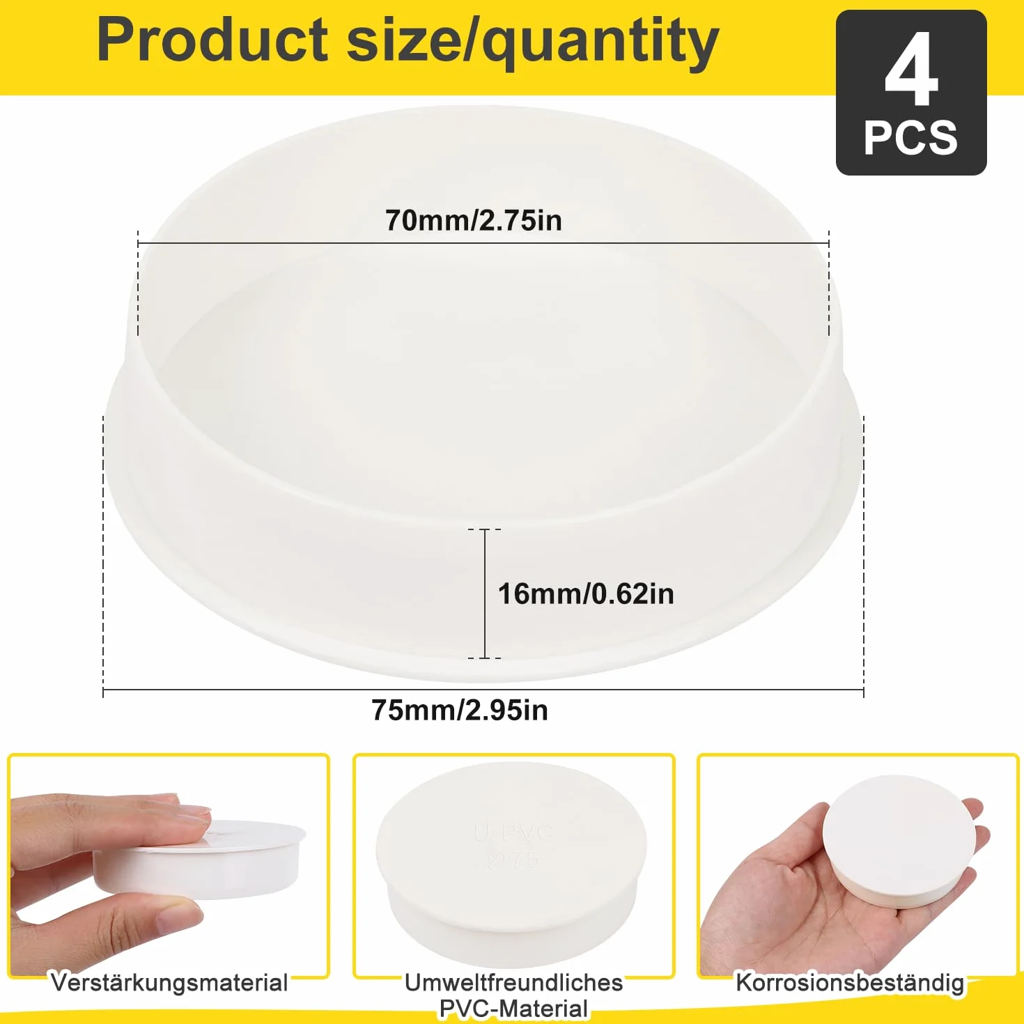 Tapón Decorativo de PVC Ø 75mm 4PCS Cubierta de Tubo de Ventilación Tapa Final de Bloqueo Interior para Tubería de Alcantarillado Protección (DN75)