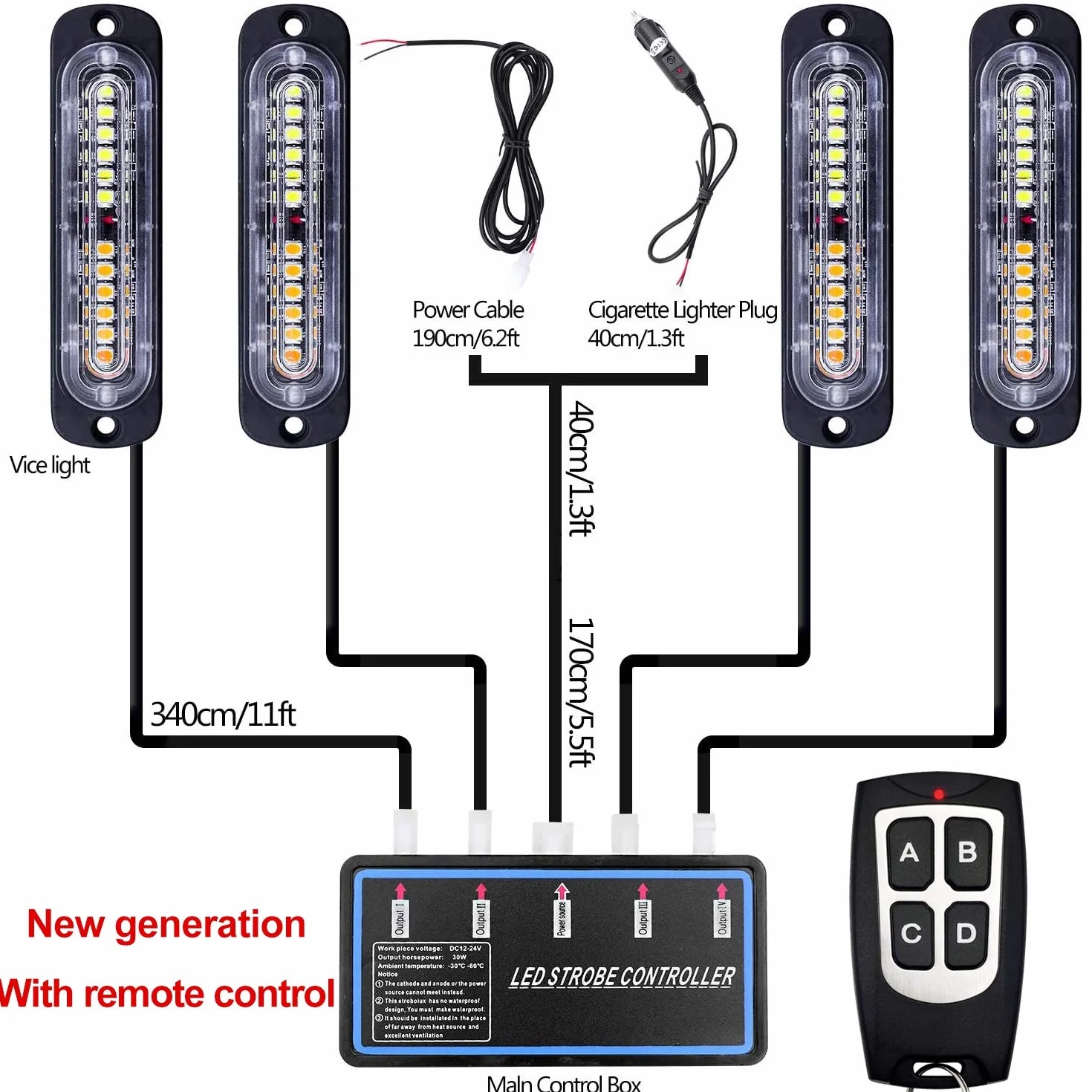 Luces de advertencia LED, 4 piezas de advertencia de emergencia, precaución, peligro, construcción, función de sincronización ultra delgada, para coche, camión, caja de control principal, montaje en