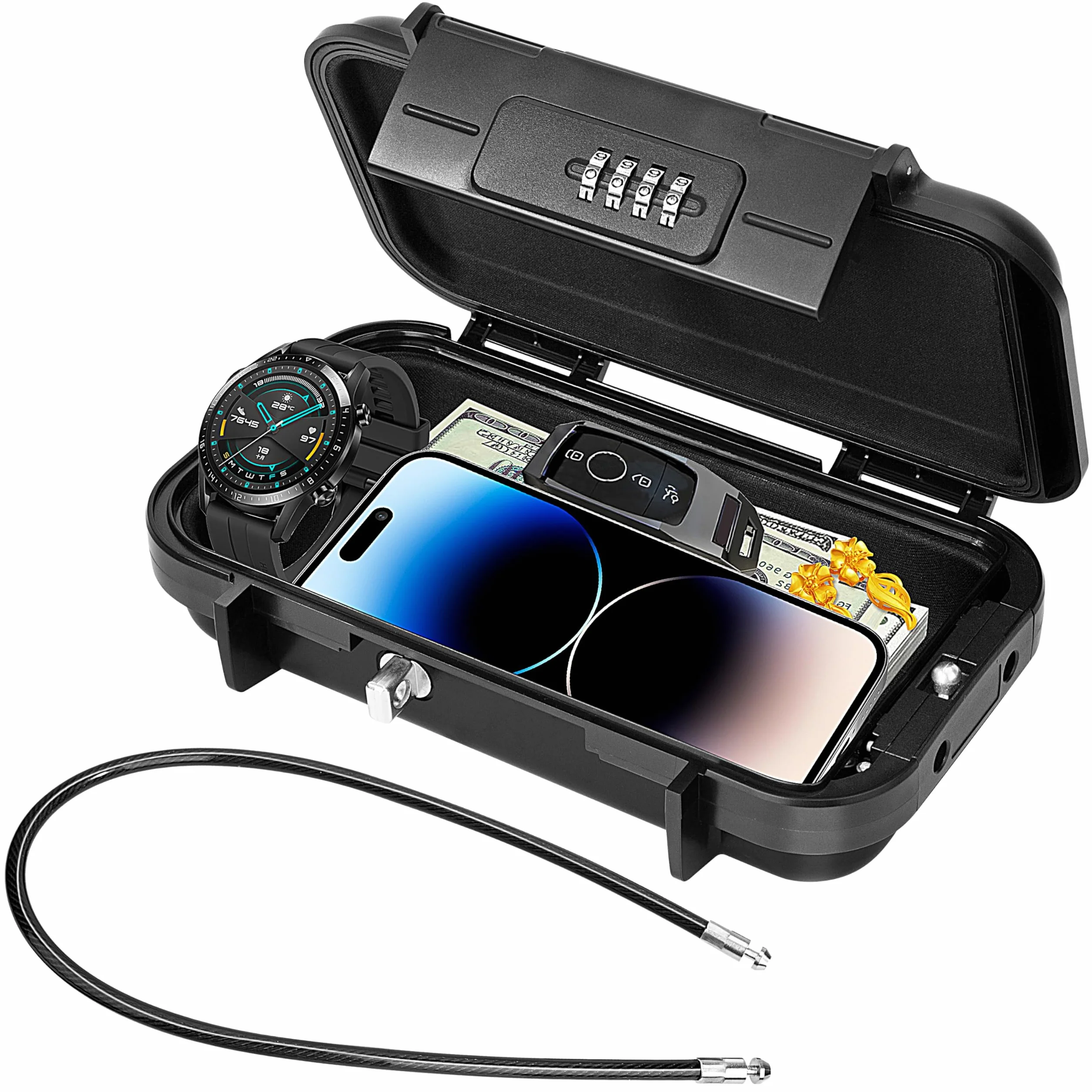 Mini Caja Almacenamiento Código, Caja Fuerte Portátil, Impermeable Seguro con Cable Metálico Extraíble para Viajes, Playa, Camping, Oficina (Negro)