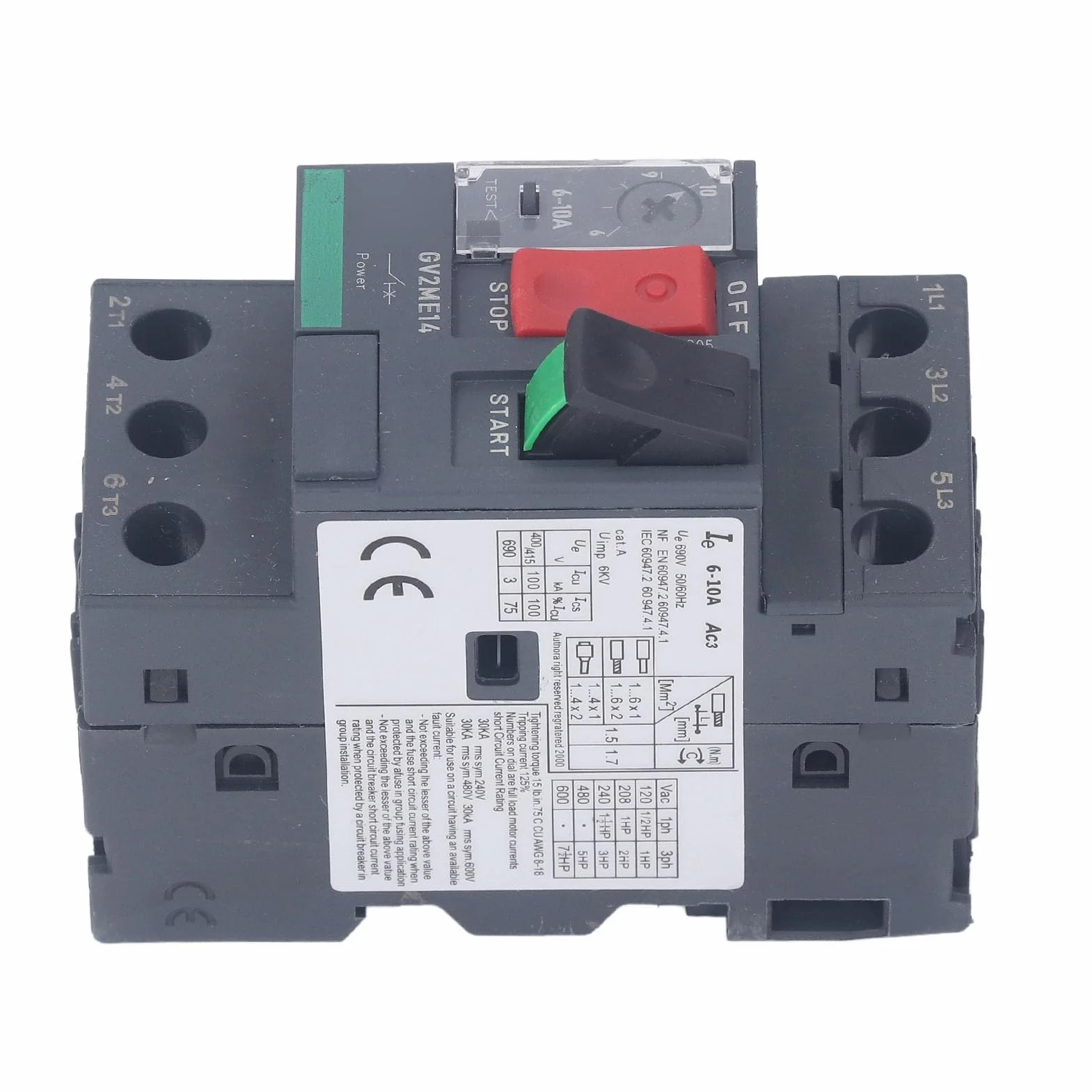 Disyuntor de Motor AC690V Botón de Arranque de Motor Manual Montaje en Riel de Guía Motor Térmico para Protección del Motor (GV2-ME14 6-10A)
