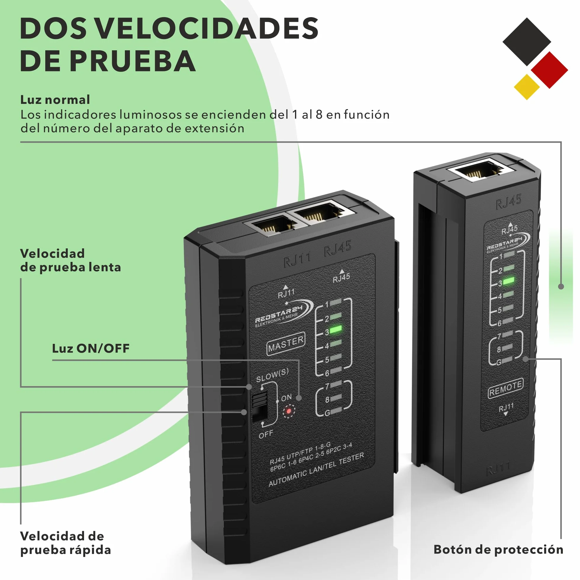 RedStar24 Comprobador RJ45 - Probador Red - Tester Cables LAN RJ11, RJ12, RJ45 para Patch Cables - LEDs Prueba para Testeo Preciso LAN y Red - Ideal para Tests Cables y Líneas