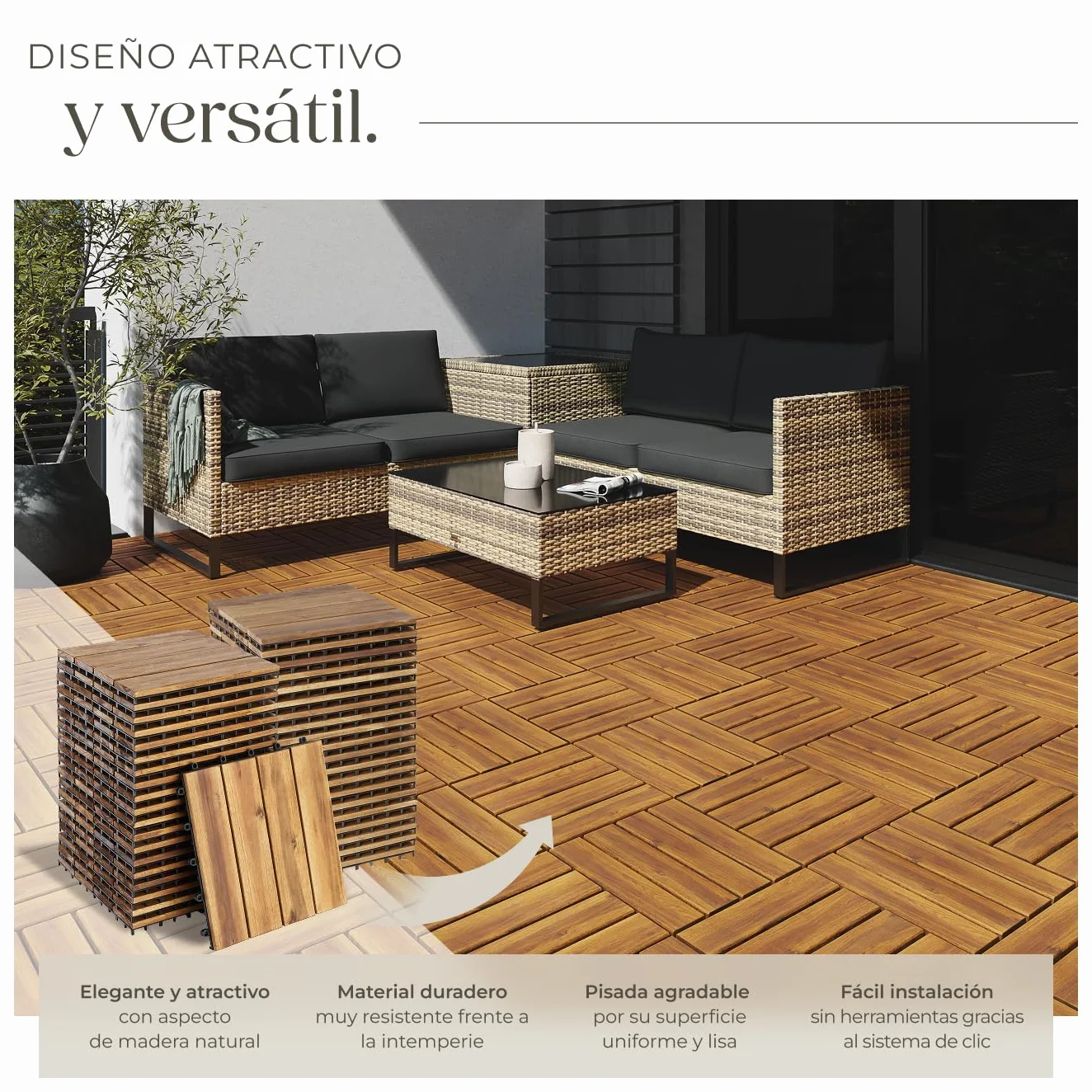 tectake® Set 40x Baldosas Jardín Exterior con 4 Tablones Madera de Acacia, 31 x 31 cm, Suelo Jardín con Base de Rejilla y Drenaje, Montaje Sistema Clic, Área 1,922 m2- Madera