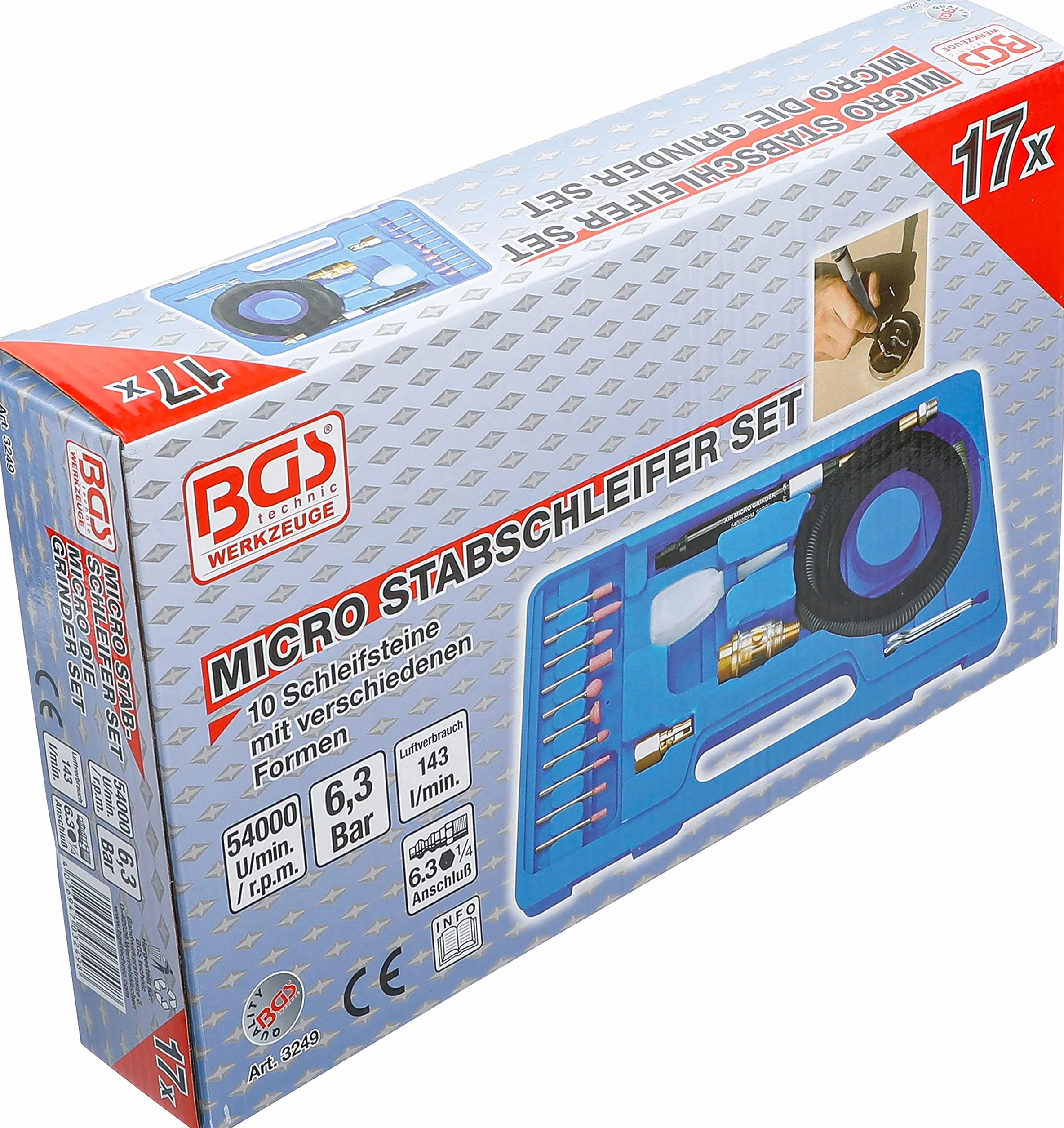 BGS 3249 | Juego de microamoladora neumática | 17 piezas
