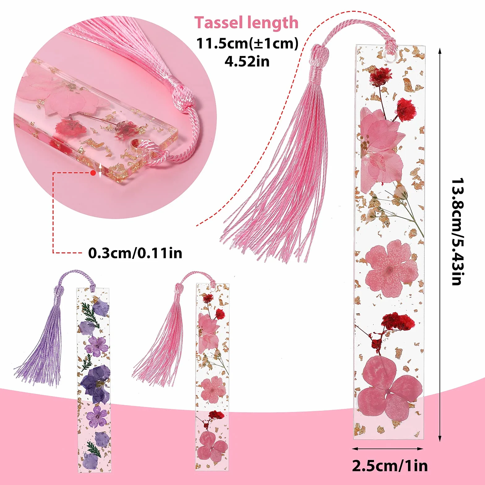 Marcapáginas de flores secas de resina 2 piezas transparentes prensadas hechas a mano con borla