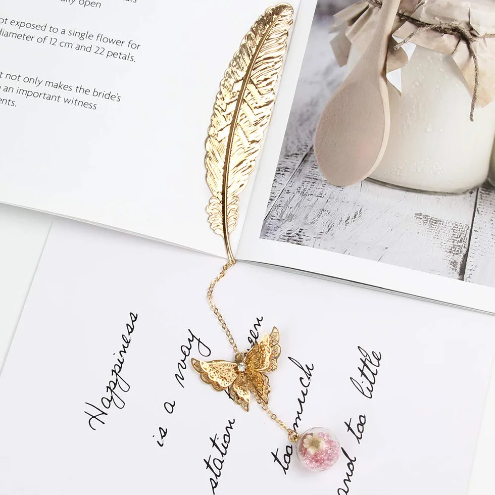 Marcapáginas de Plumas de Metal con Mariposa 3D y Perlas de Vidrio