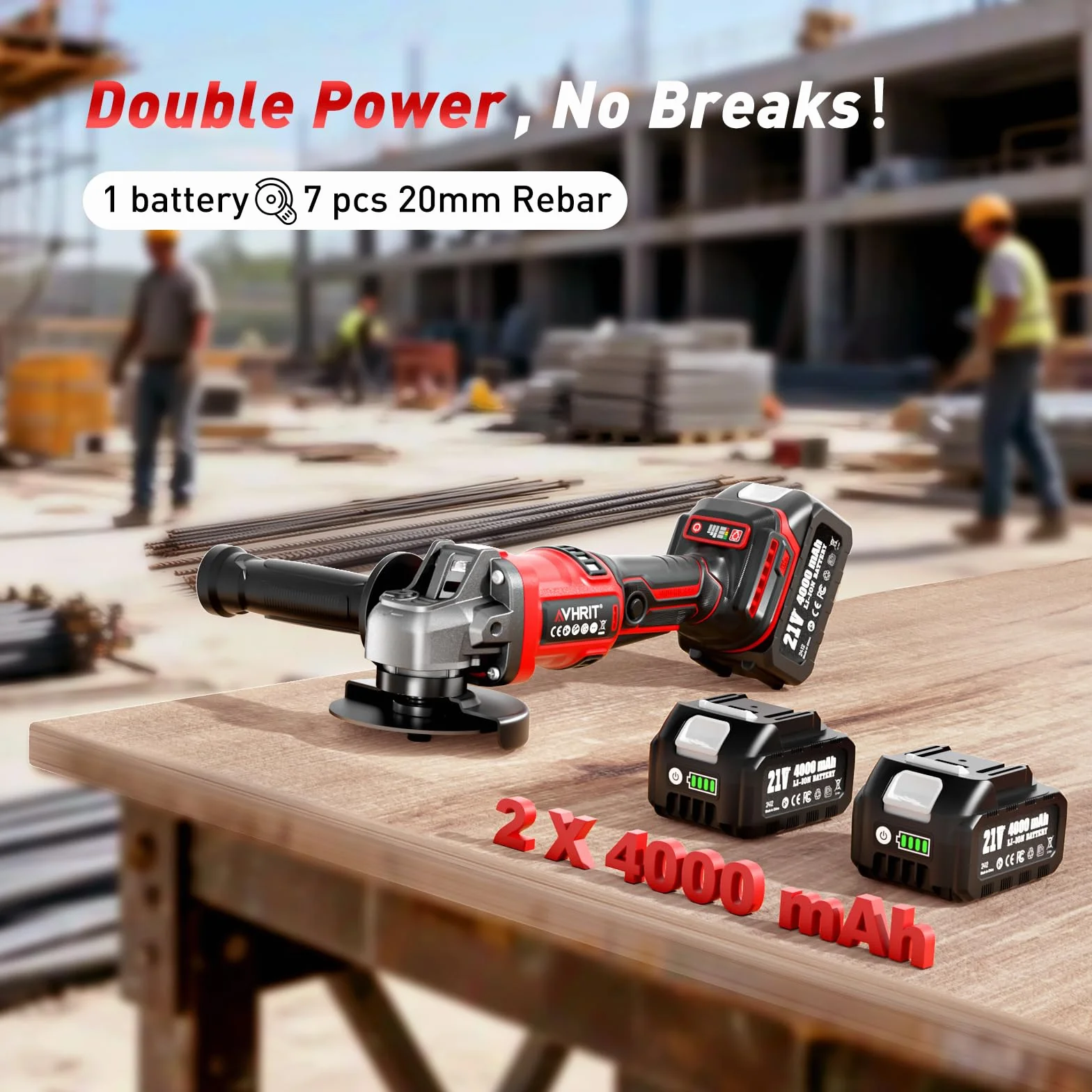 Amoladora angular con batería, 10.000RPM Amoladora Angular inalámbrica Motor Sin Escobillas, 2X4000mAh, 3 Velocidades, Bloqueo de Spindle Rápido, Mango Anti-Vibración para Cortar, Desbastar