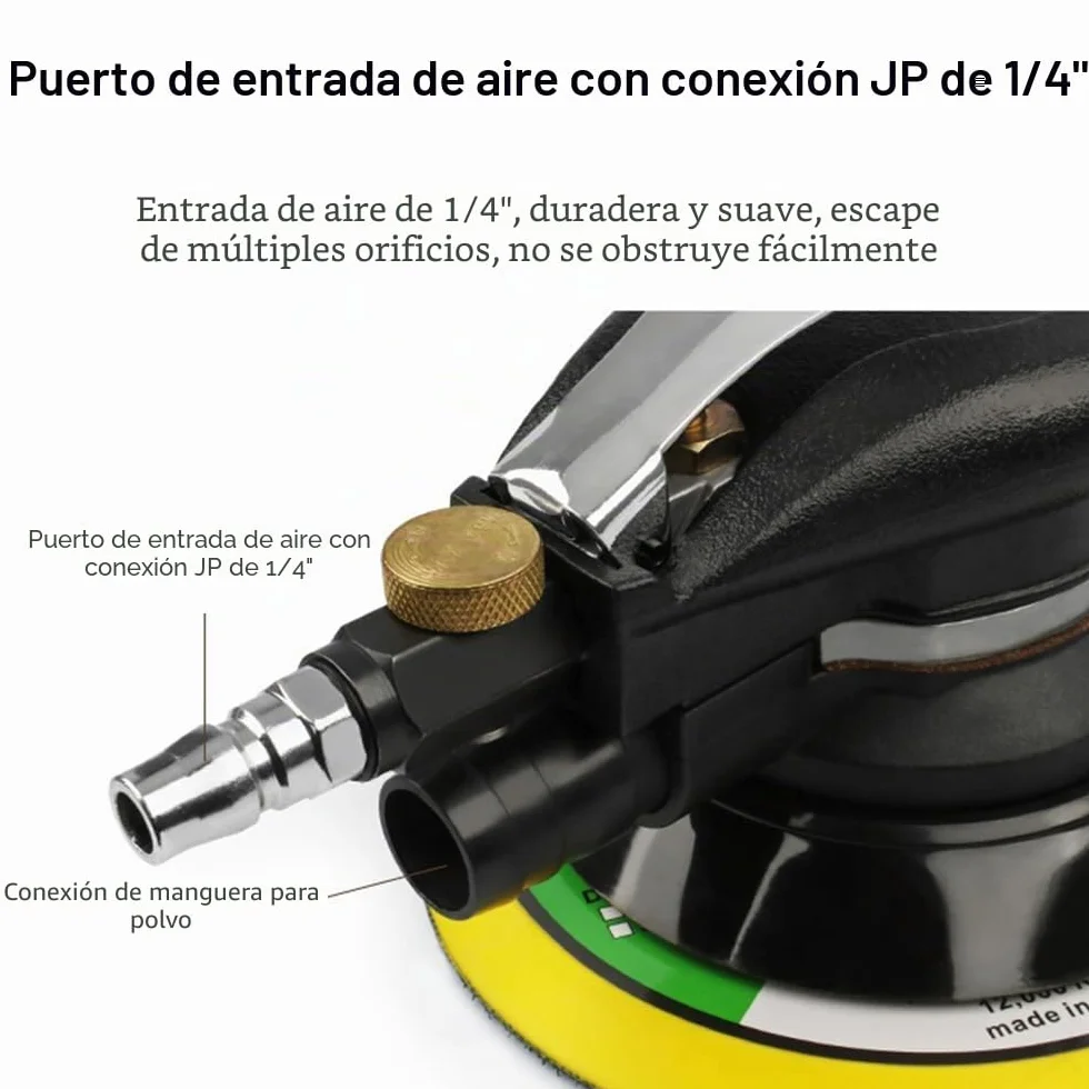 Lijadora Orbital Neumática Profesional de 6'' - 13500 RPM, Con Manguera y Bolsa Para Pulido y Lijado de Automóvil, Metal, Madera y Cera