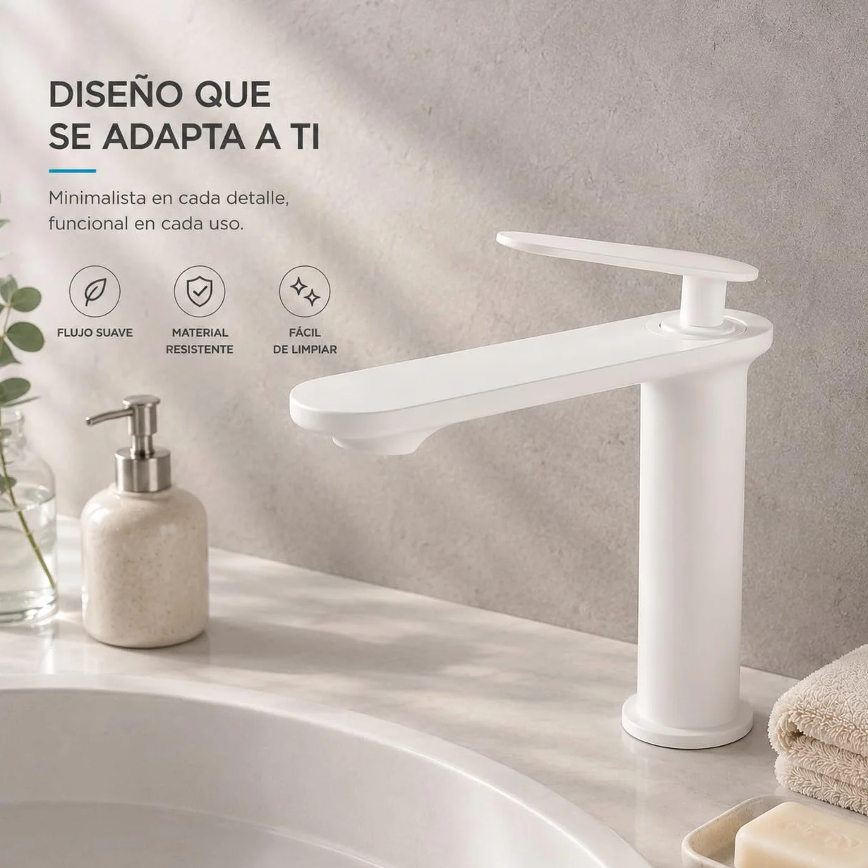 Grifo de Lavabo Blanco Satinado de Acero Inoxidable 304, Diseño Minimalista, Monomando Moderno para Baño, Fácil de Instalar