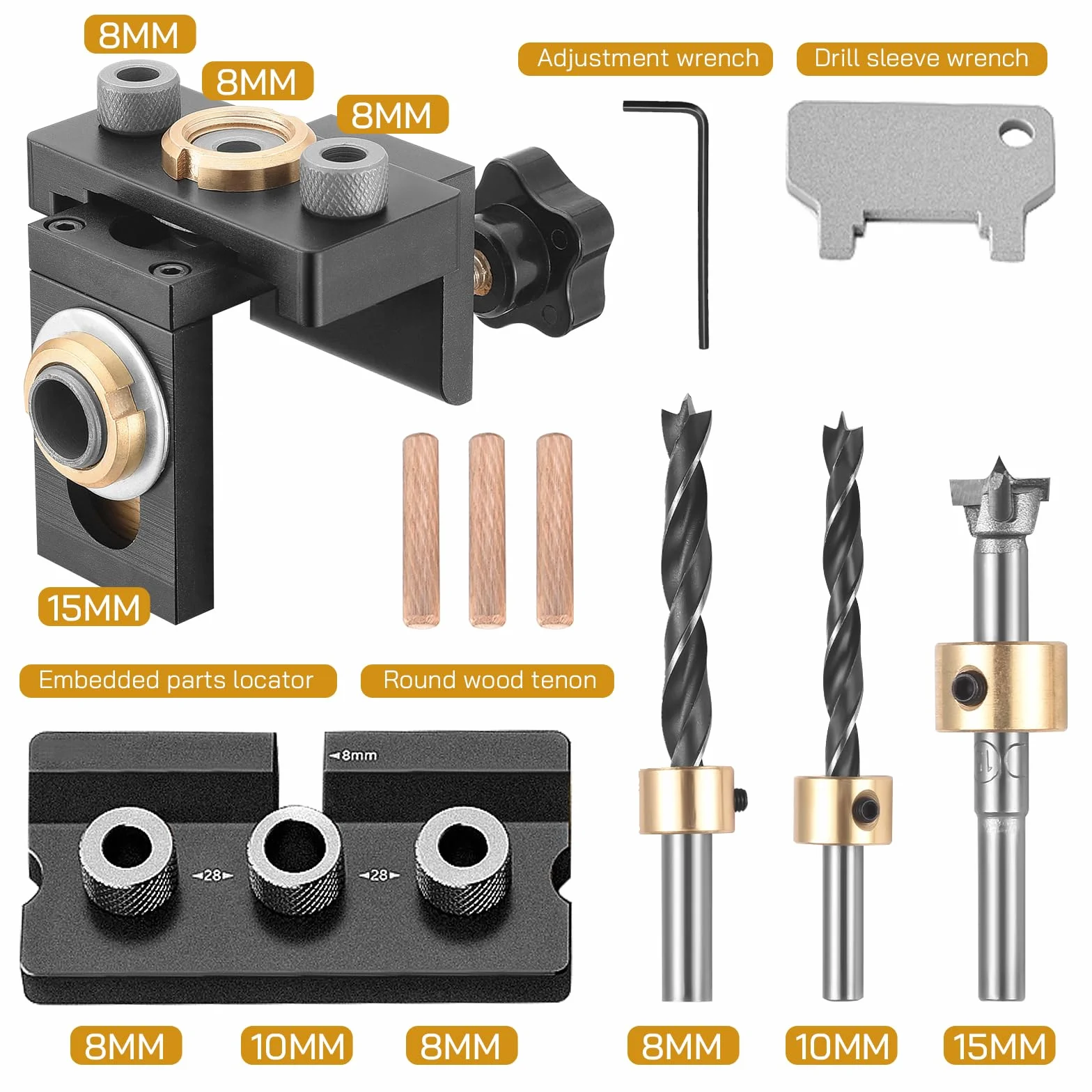 Kit de plantilla de clavija 3 en 1, guía de perforación ajustable 8/10/15 mm con clip de posicionamiento