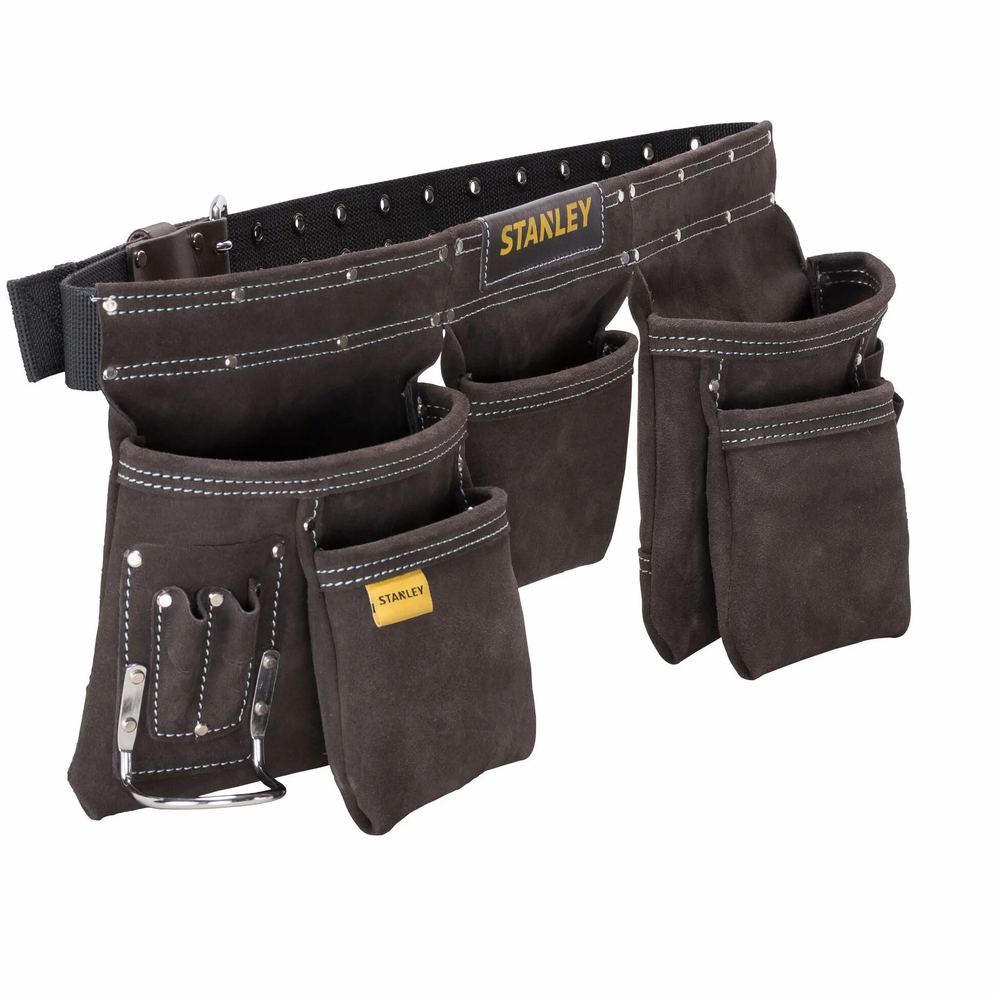 STANLEY Delantal Portaherramientas de doble cinturón, Múltiples bolsillos, Piel de primera calidad, Refuerzo de remaches, Doble costura, Dimensiones: 145 x 9 x 26 cm, STST1-80113