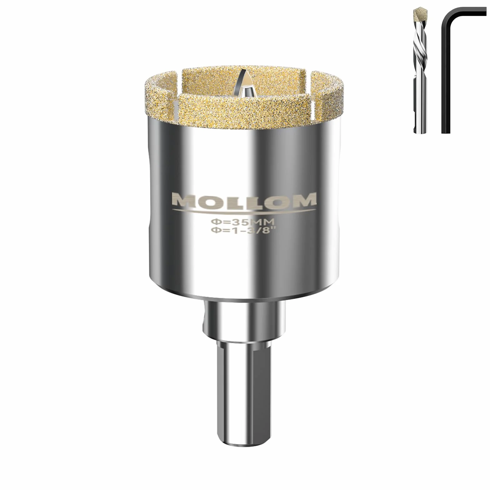 MOLLOM (35mm | 1-3/8") Sierra de corona de diamante con 2 brocas piloto removibles, corte suave para azulejos de porcelana, vidrio, cerámica, mármol, fibra de vidrio, etc