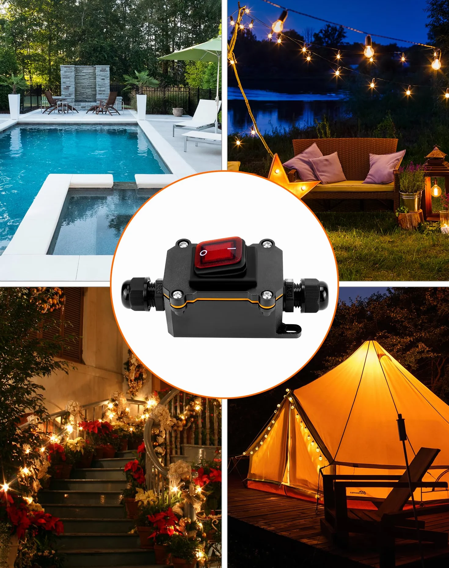 QWORK® Interruptor de cable en línea impermeable IP65 con luz indicadora roja, 220V 30A, DPST de 4 pines, control de encendido/apagado de doble posición